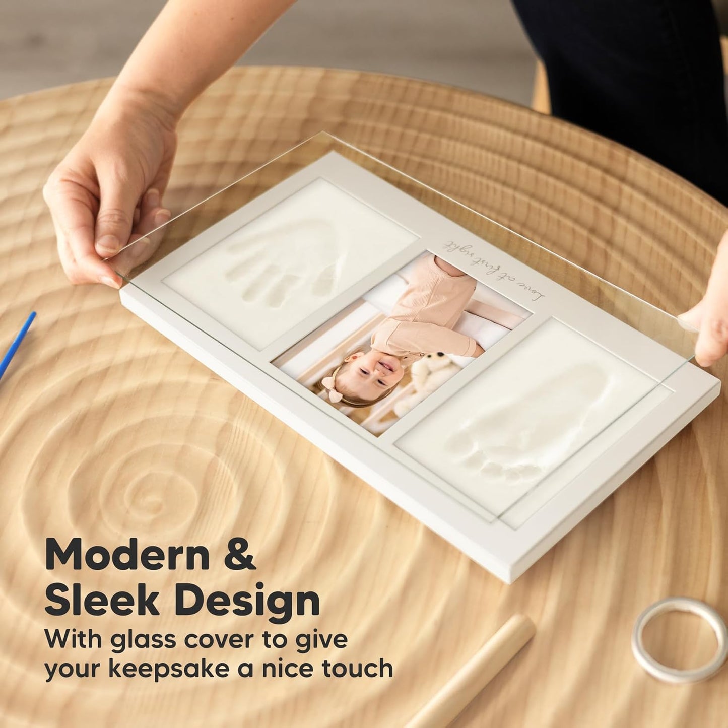 Baby Hand and Footprint Kit - Clay Handprint Keepsake Frame, Newborn Nursery Picture Frame, Personalized New Mom Gifts for Baby Shower & Registry (Dark Walnut)