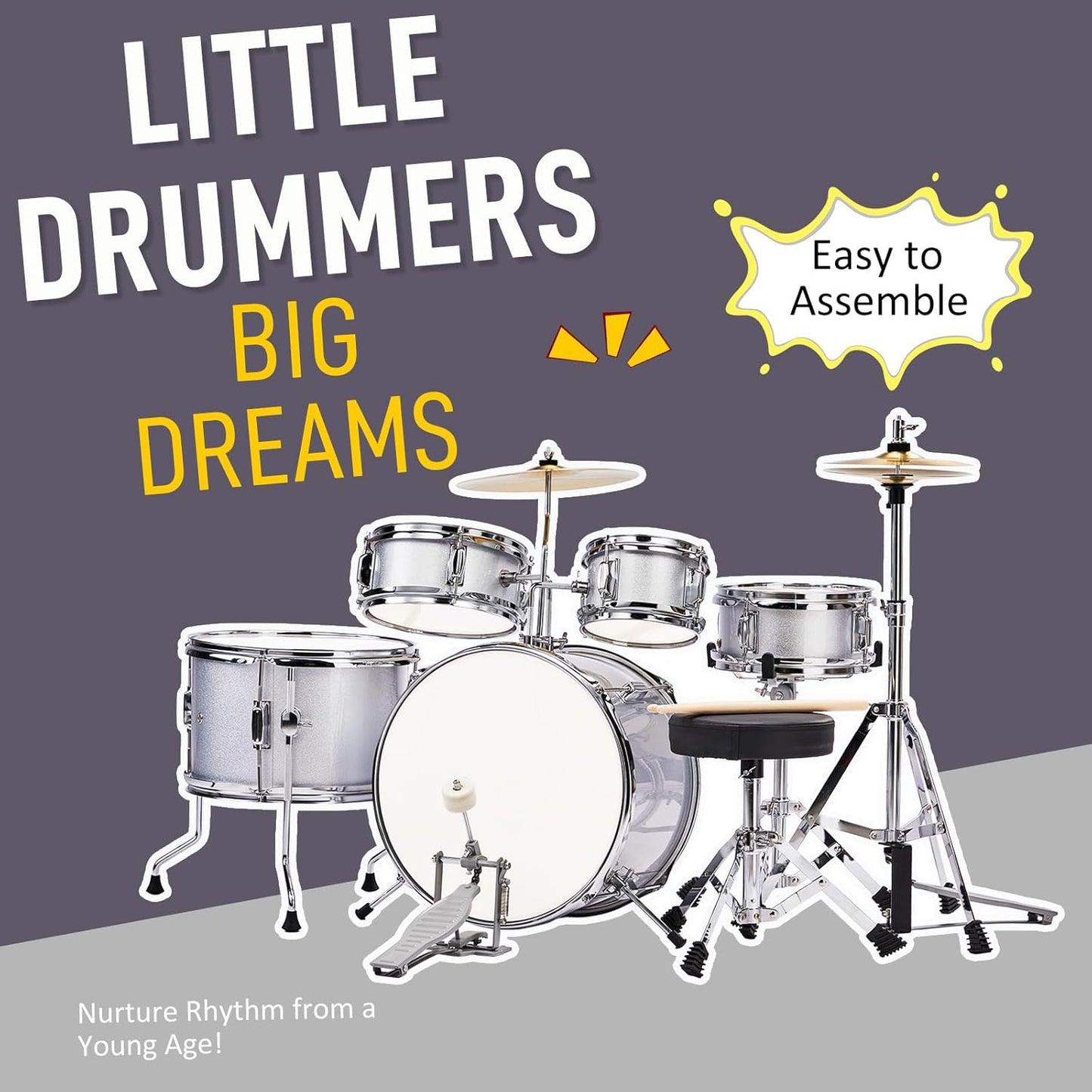 Ktaxon 5-Piece Complete Junior Drums Set, 14 Inch Beginners Drum Kit with Throne Stool, Pedal & Drumsticks, Kids Drums Musical Instruments W/Cymbal, Hi-Hat, Floor, Tom and Snare Drum (Silver)