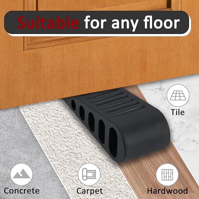 JQK Rubber Door Stopper Wedge, Black 6 Pack Soft TPR Premium Door Stops for Bottom of Heavy Duty Door on Tile, Concrete, Carpet, Wooden Floor, DSB61-BK-P6