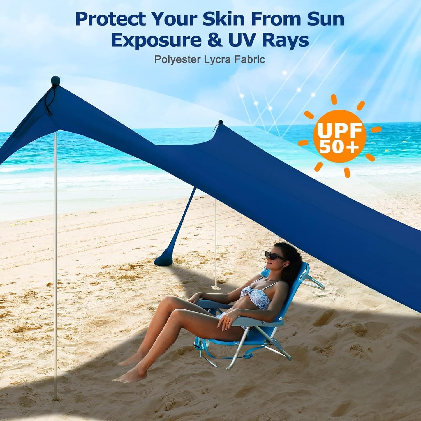 COMMOUDS Beach Tent Sun Shelter - UPF50+ Pop Up Beach Canopy with Sandbags & Sand Shovel & Windproof Poles, Portable Sun Shade for Beach, Camping, Picnics, Backyard