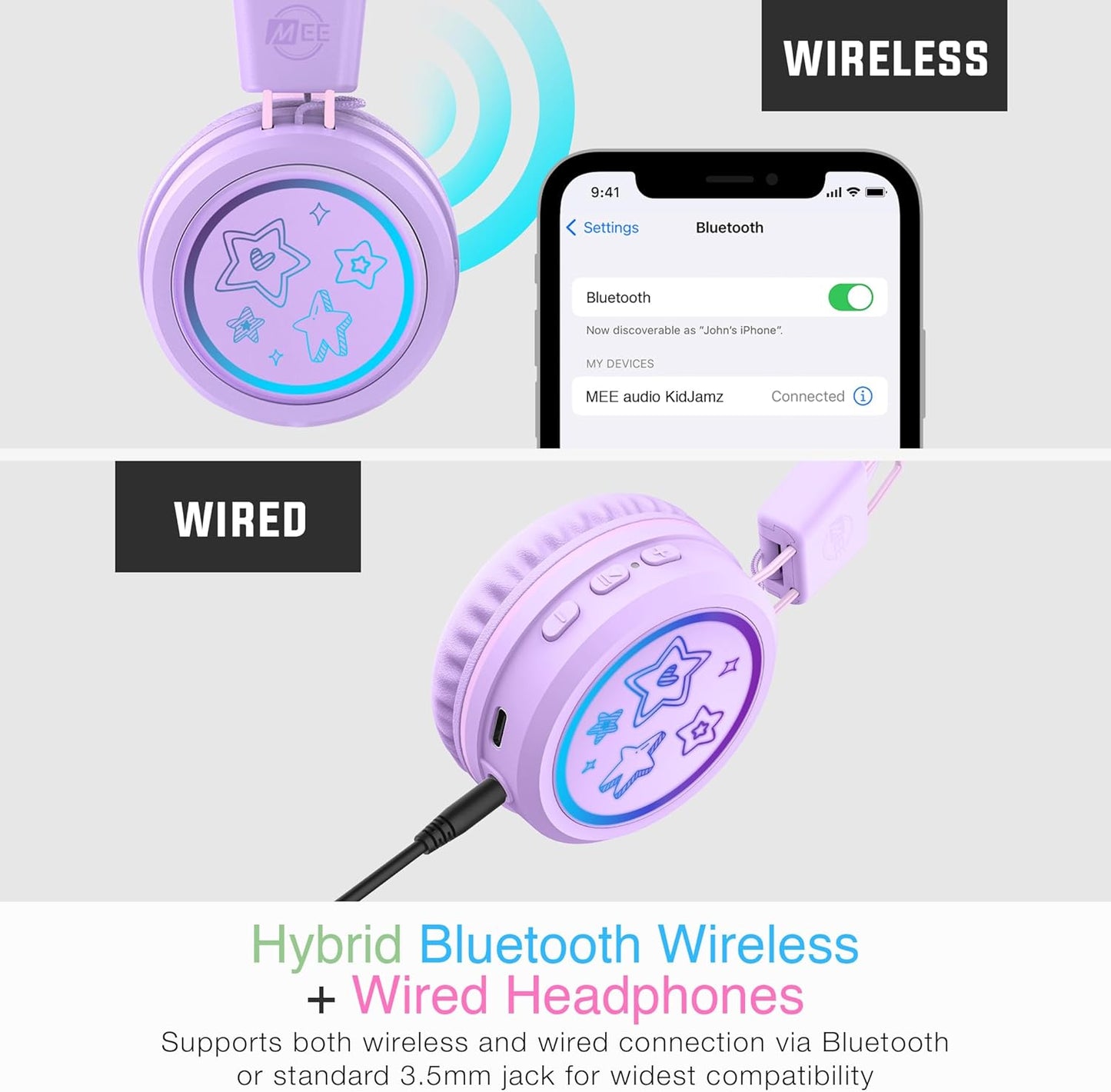 MEE audio KidJamz KJ55BT Bluetooth Wireless Safe Listening Headphones for Children w/LED Lights, 85dB Volume Limiter, Microphone, & 40h Battery; Kids Headset for School/iPhone/iPad/Tablet (Lavender)