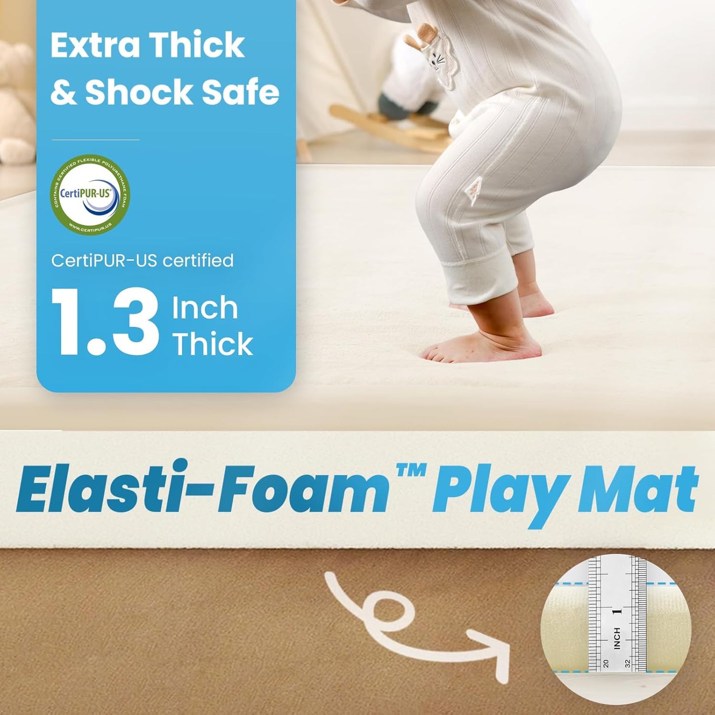 Ultra Soft Baby Play Mat,1.3" Thick Elasti-Foam Tummy Time Mat for Infants,Toddlers,Kids,Water-Repellent Coral Fleece Nursery Rug,Non-Slip Safe for Crawling&Hardwood Floors(Ivory)