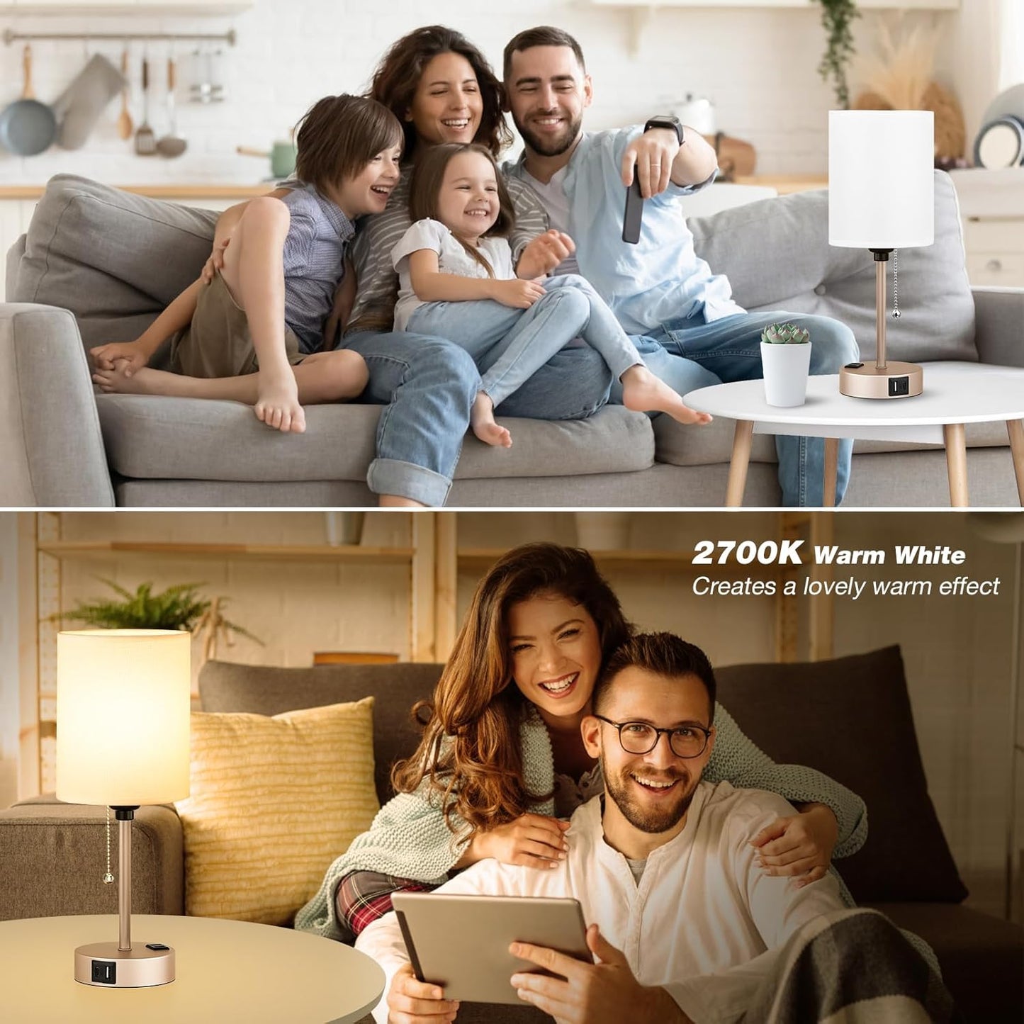 Small Bedside Table lamp for Bedroom - 3 Color Temperatures Bedside Lamps with USB C and A Ports, Pull Chain Table Lamps with AC Outlet, Gold Nightstand Lamps with White Shade for Kids Reading