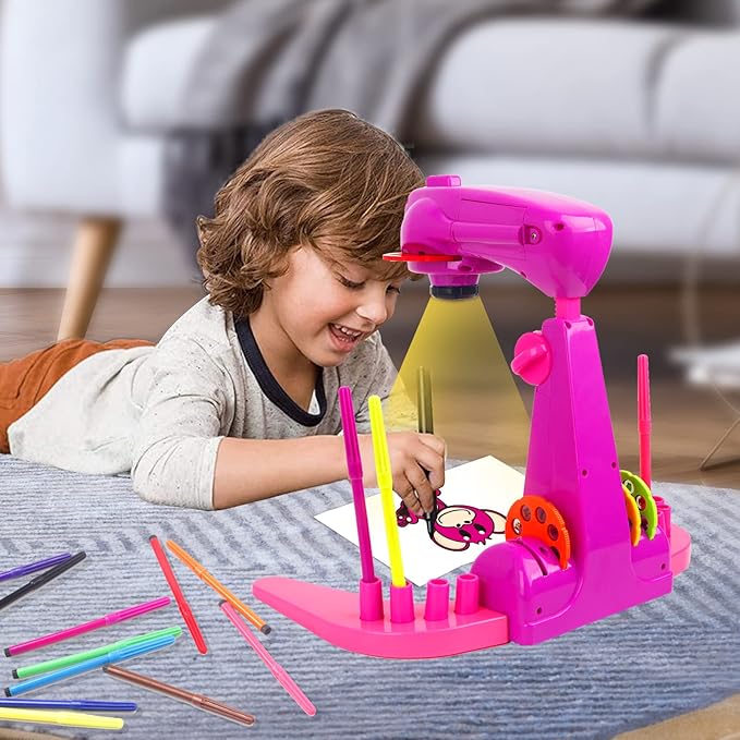 Kids Projection Drawing Toy,Smart Drawing Projector Toys，Trace and Draw Projector for Kids,with 32cartoon patters and 12color Brushes, Kid Learn to Draw and Sketcher (Pink)