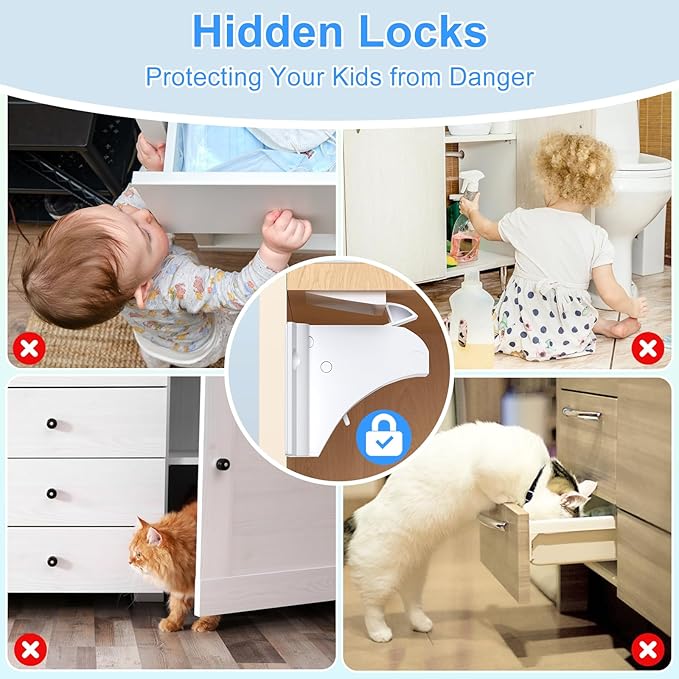 Child Safety Magnetic Cabinet Locks, AOSITE 10 Pack+2 Keys Baby Proofing Magnetic Drawer Locks for Kitchen with Adhesive No Drilling or Screws Fixed, Baby Safety Cabinet Locks