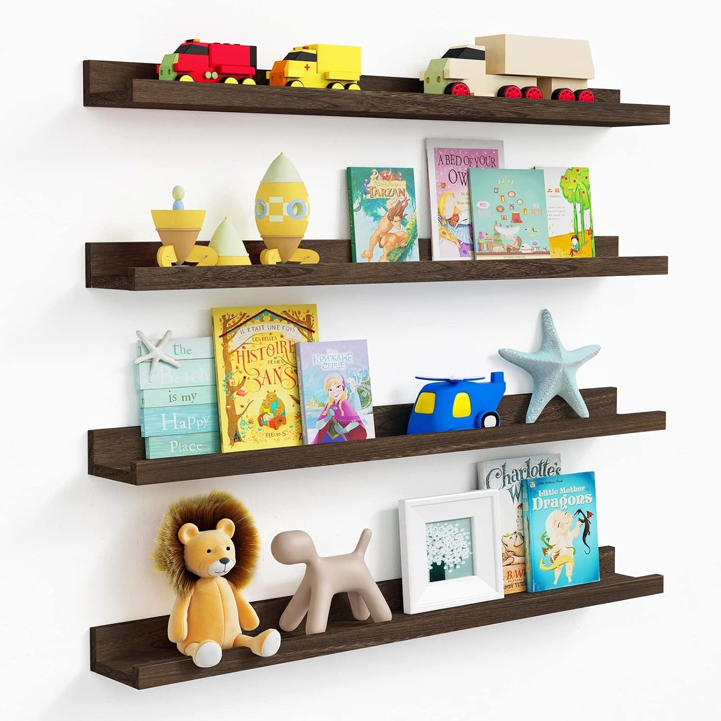 Forbena Rustic Wood Wall Shelves for Living Room Set of 4, 36 Inch Long Floating Shelves with Lip, Large Farmhouse Wooden Picture Ledge Shelf for Bedroom Office Hallway Photo Frames (Dark Brown)