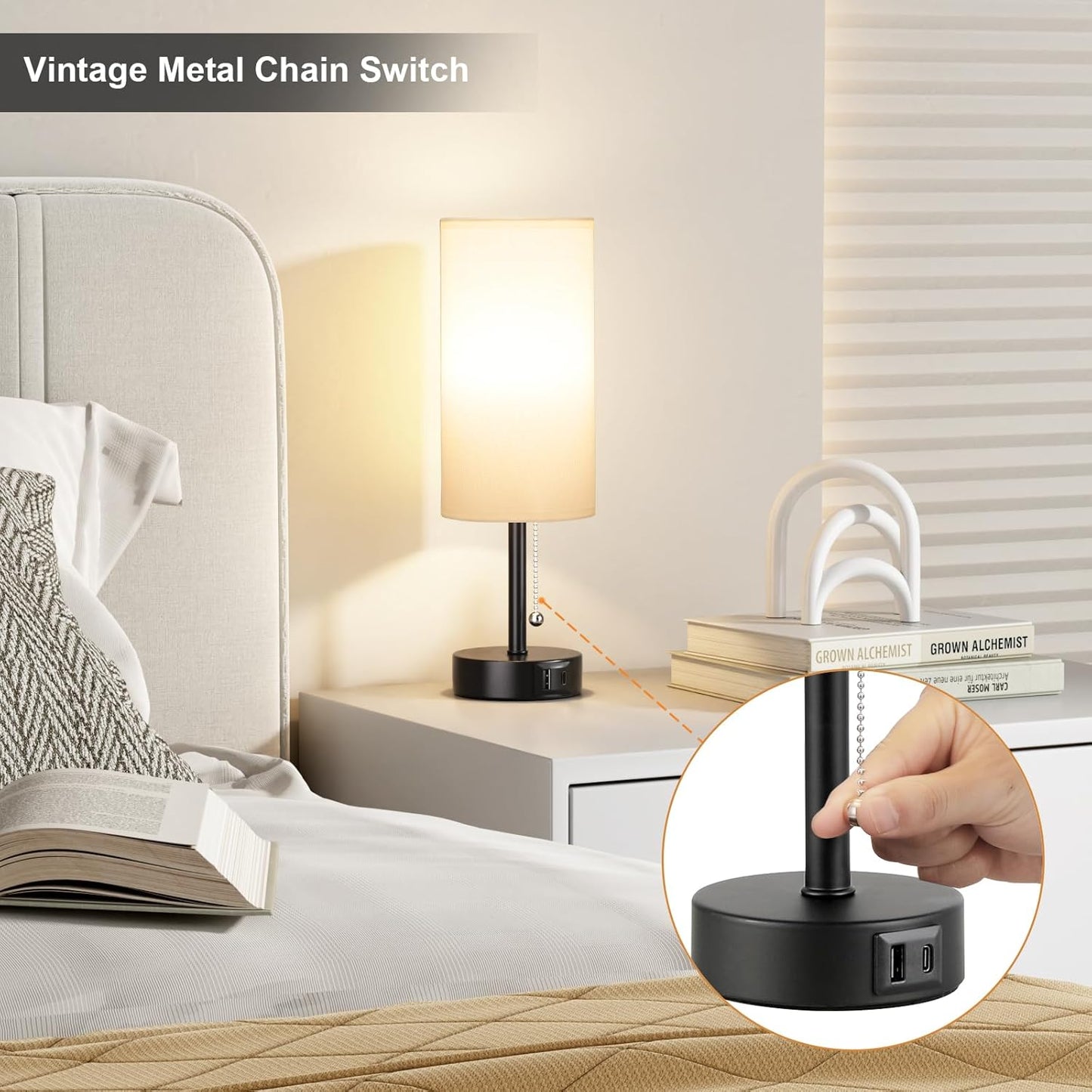 White Table Bedside Lamp for Bedroom Nightstand - Small Lamp with USB A + C Charging Port, 3 Color Temperatures Pull Chain Night Stand Light with Bulb, Side Table Desk Reading Lamp for Living Room