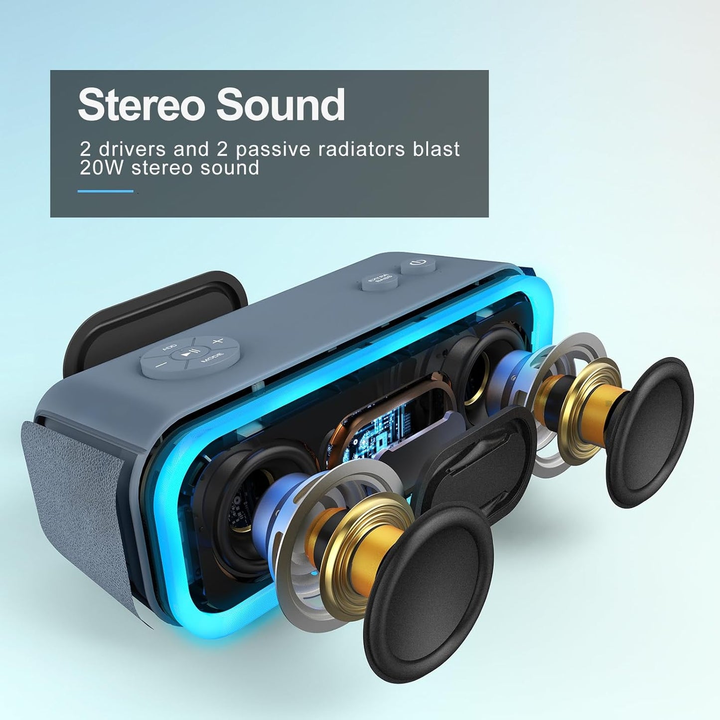 DOSS SoundBox Pro Bluetooth Speaker with 20W Stereo Sound, Active Extra Bass, IPX6 Waterproof, TWS Pairing, Multi-Colors Lights, 20H Playtime, Portable for Beach, Outdoor-Stone Blue