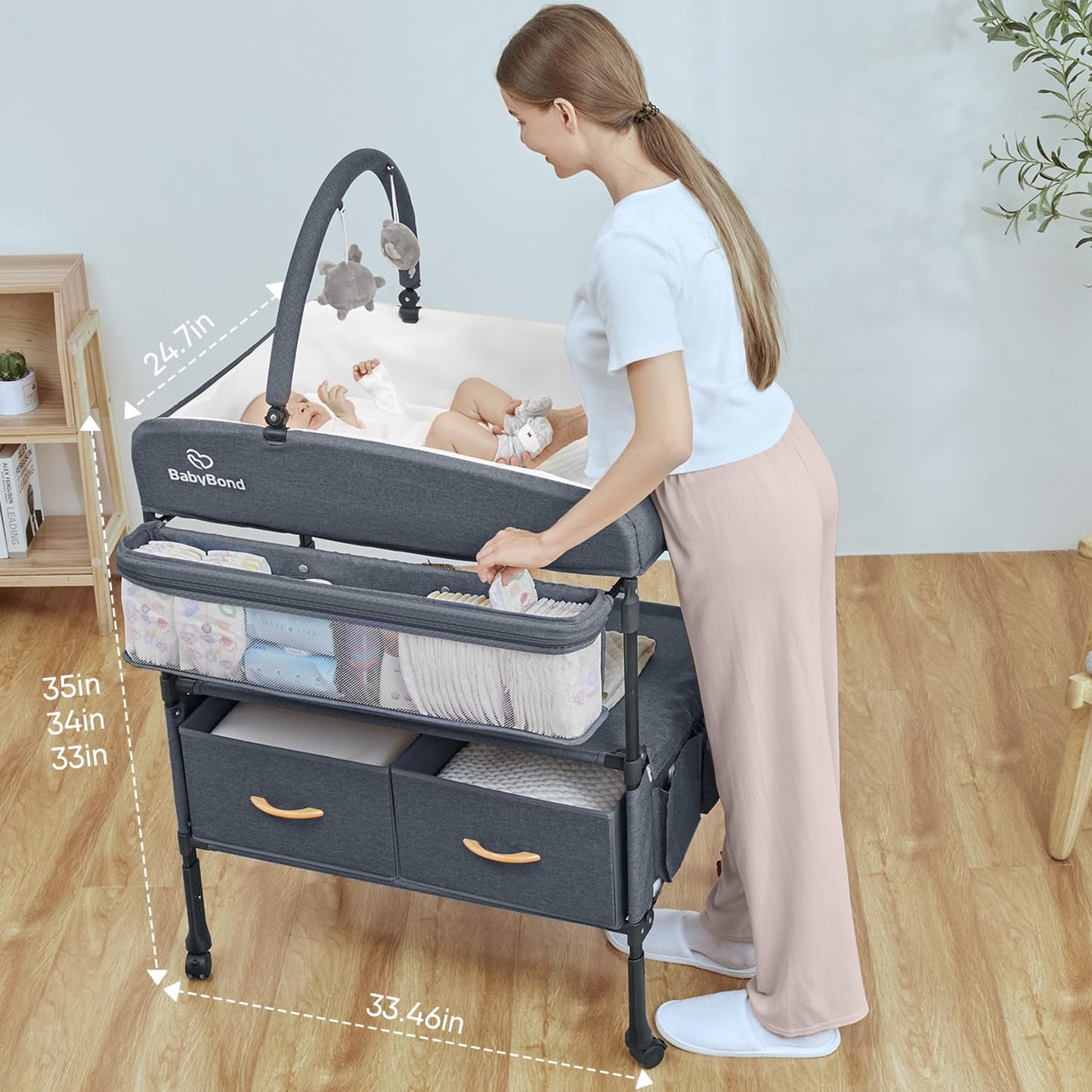 BabyBond Portable Baby Changing Table with 2 Storage Baskets, Foldable Diaper Changing Table Dresser Waterproof Height Adjustable Changing Station for Infant and Newborn(Grey)
