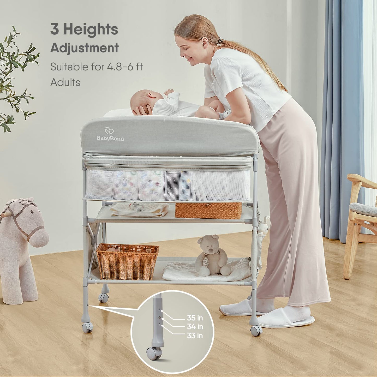 BabyBond Portable Baby Changing Table, Foldable Diaper Changing Table Dresser Waterproof Height Adjustable Changing Station for Infant and Newborn(Beige)