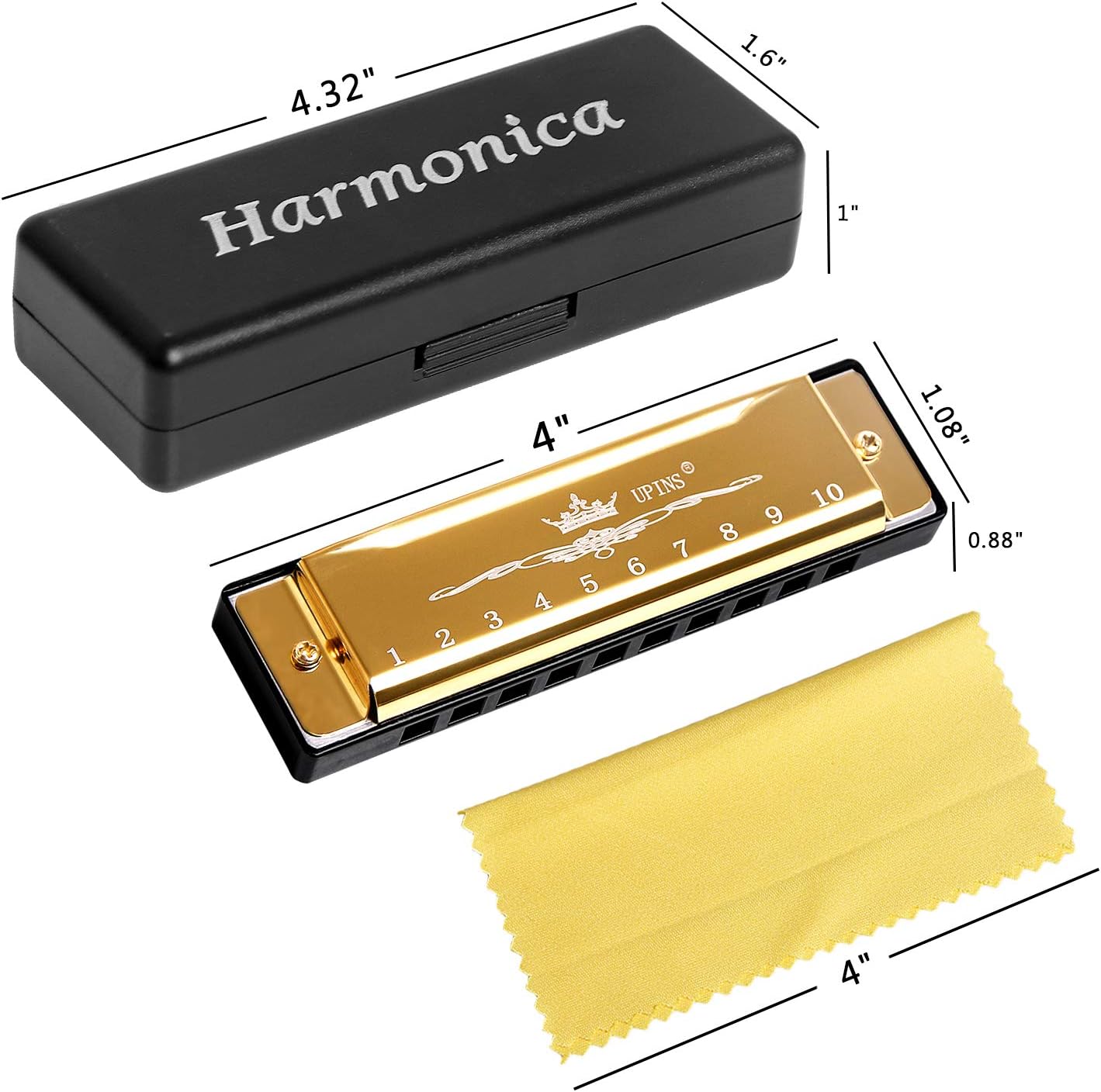 UPINS 4PCS Key of C Blues 10 Hole 20 Tones Titanium Color Harmonica with Case Cleaning Cloth for Beginner Students Kids (Gold, Pink, Silvery, Black)