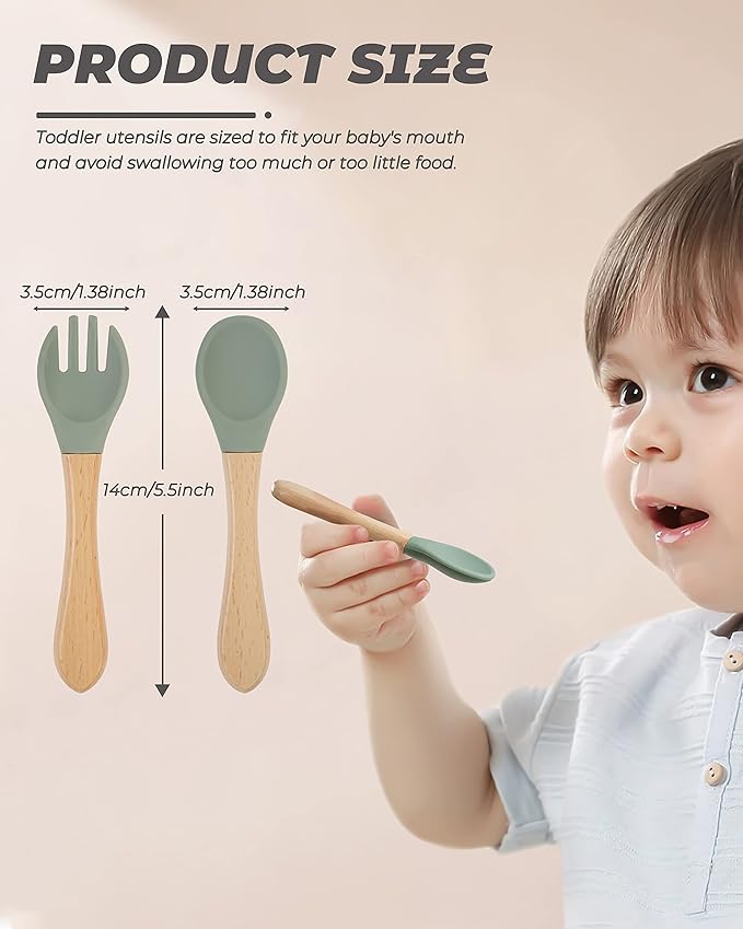 10 pcs Baby Spoons and Forks, First Stage Baby Led Weaning Spoons, Chewable Baby Utensils for Self-Feeding, Bamboo and Silicone Baby Utensils, Kids Utensils for Over 6 Months Babies