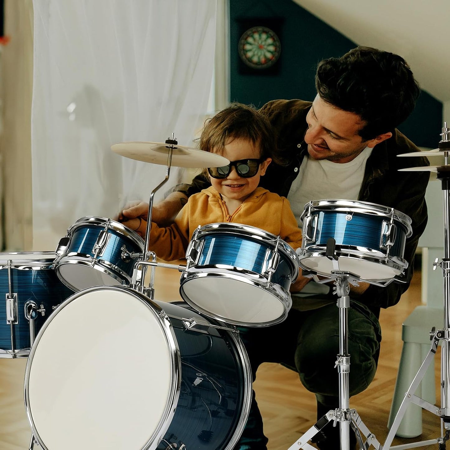 Ktaxon 5-Piece Complete Junior Drums Set, 14 Inch Beginners Drum Kit with Throne Stool, Pedal & Drumsticks, Kids Drums Musical Instruments W/Cymbal, Hi-Hat, Floor, Tom and Snare Drum (Brushed Blue)