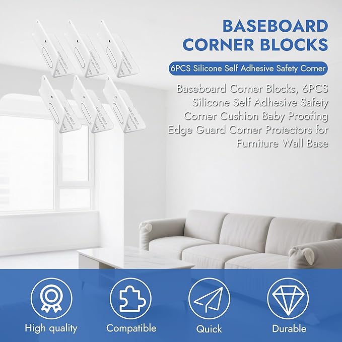 6 Pcs Self Adhesive Silicone Corner Protectors Cute Elephant Pattern Edge Guards Safety Baseboard Corner Blocks Decotive Baby Proofing Corner Cushion for Wall, Furniture & Sharp Corners -White