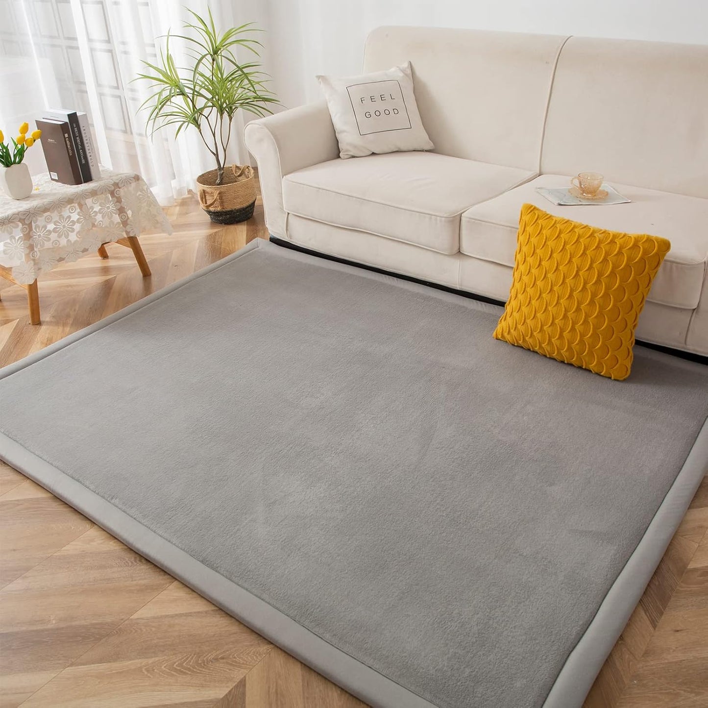 MAXYOYO Grey Coral Velvet Area Rug, Thick Japanese Tatami Mat Living Room Carpet with Non-Slip Backing, Large Solid Color Mat for Bedroom Dormitory Yoga, 78 by 78 inch