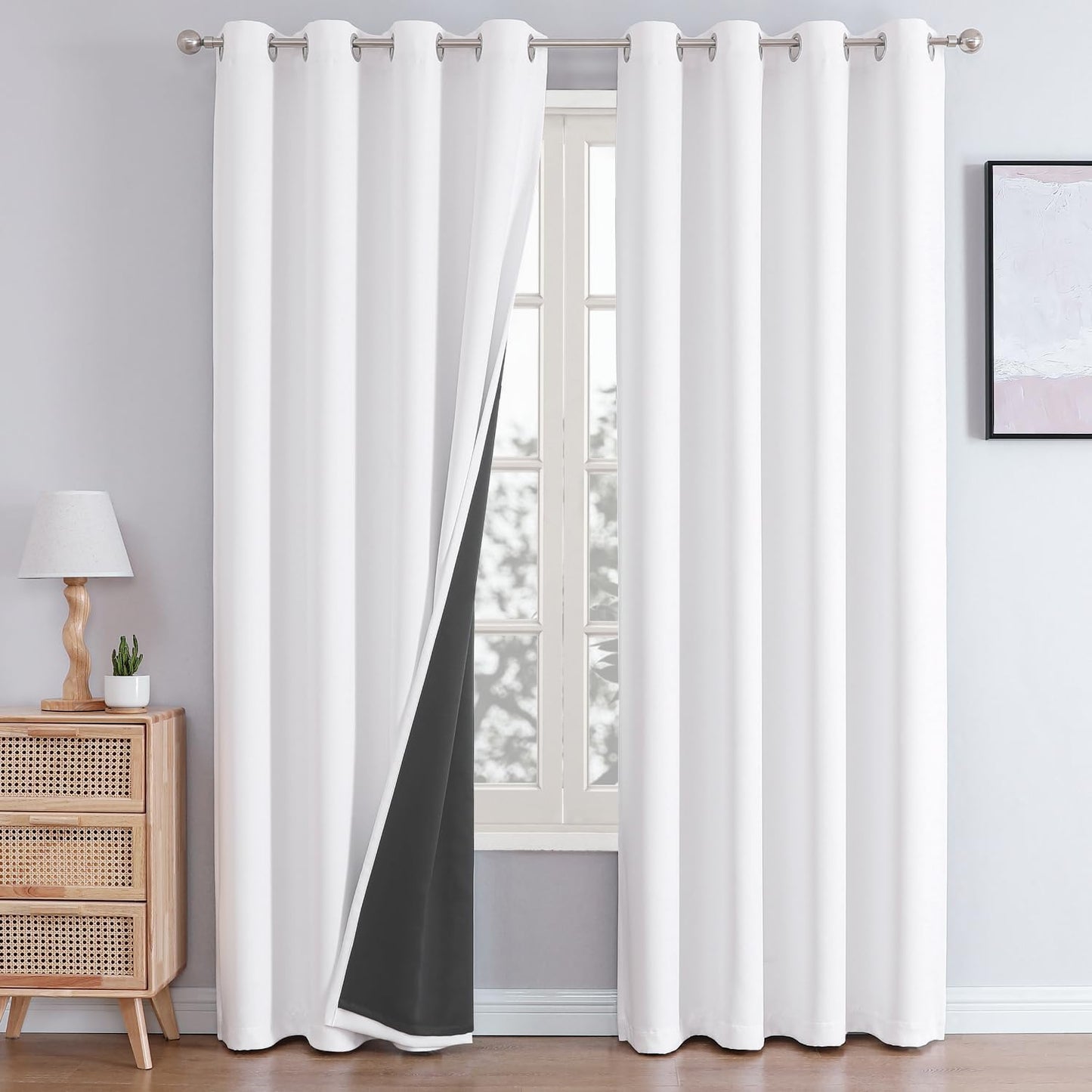 ChrisDowa White 100% Blackout Curtains for Bedroom with Black Liner, 2 Thick Layers Total Blackout Thermal Insulated Grommet Window Curtains 2 Panels Set (Pure White, 52 x 72 Inch)