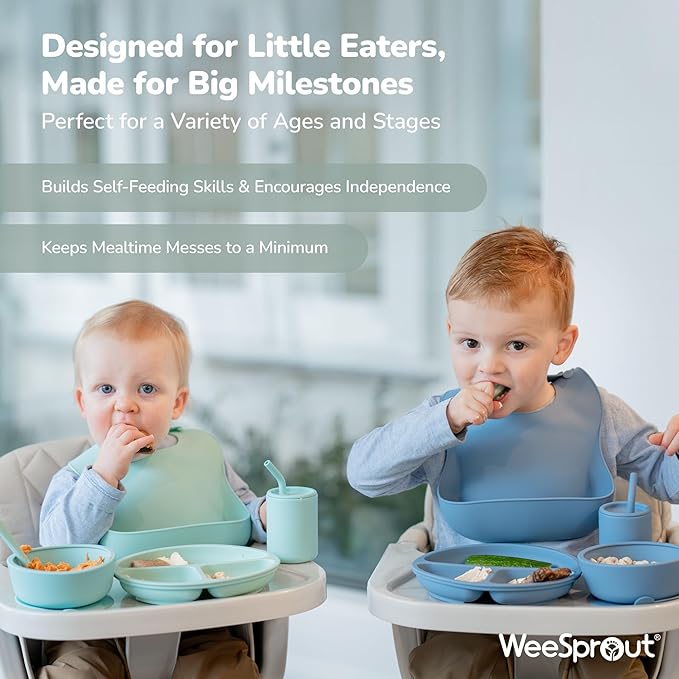 WeeSprout Baby Led Weaning Bundle, Silicone Suction Bowl, Spoons, Bib & Cup, Develops Self Feeding Skills, Dishwasher Safe (Pink)