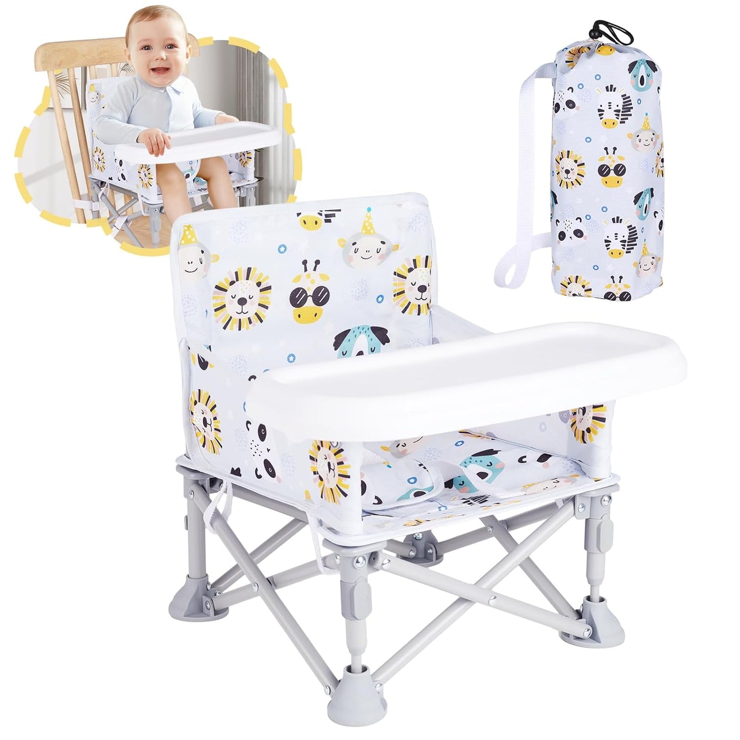 Portable Booster Seat, Toddler Baby Seat with Tray for Dining Table Compact Floor Chair for Camping Lawn Beach Babies Travel 6-36 Months