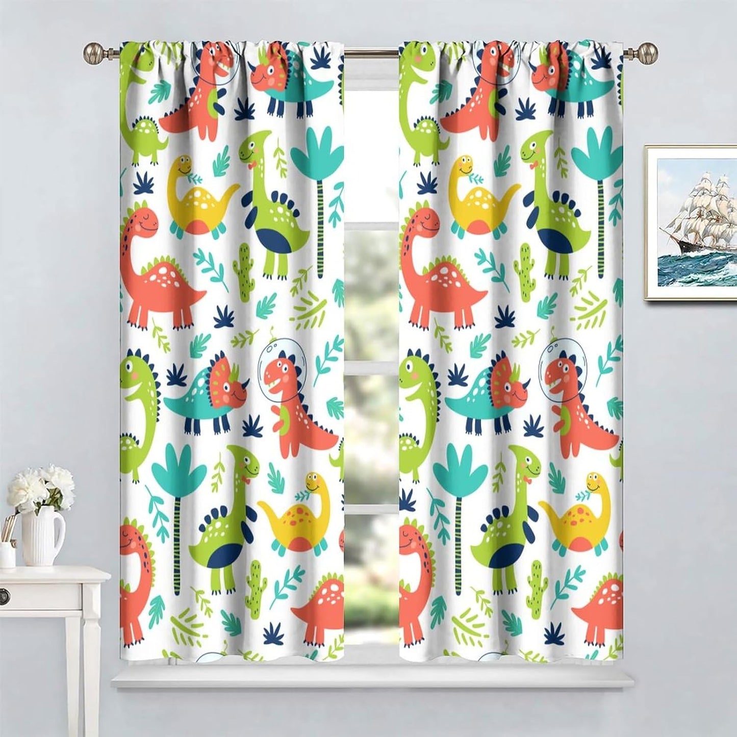 Rustic Dinosaurs Curtains Colorful Dino Kids Boys Cartoon Cute Cool Funny Decor Printed Blackout Rod Pocket Window Drapes for Living Room Bedroom W21xL63in 2 Panels