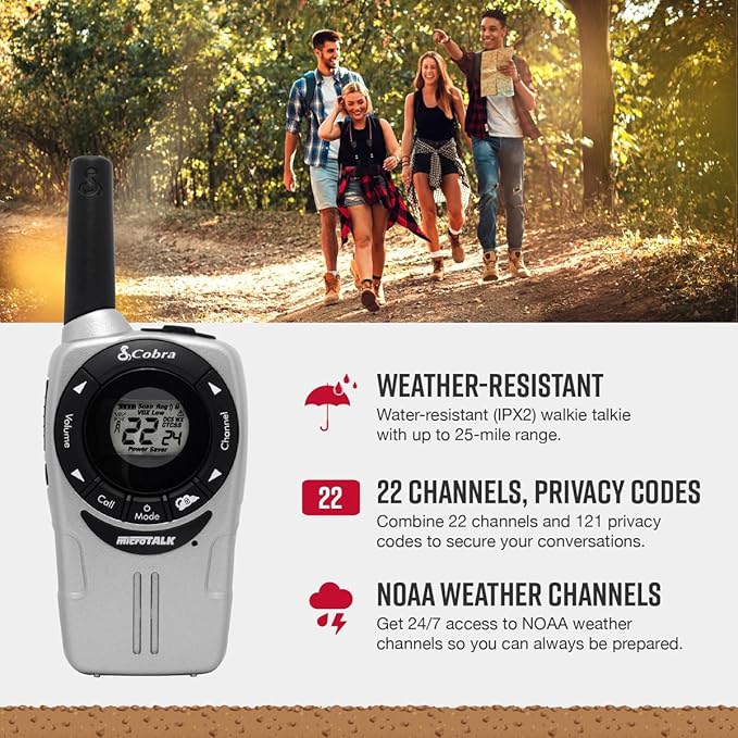 Cobra ACXT360 Water Resistant Walkie Talkies for Adults & Compatible Cobra Surveillance Headset: Rechargeable, 22 Channels, Long-Range, 3 Two-Way Radios, 2 Headsets, White, Silver and Red