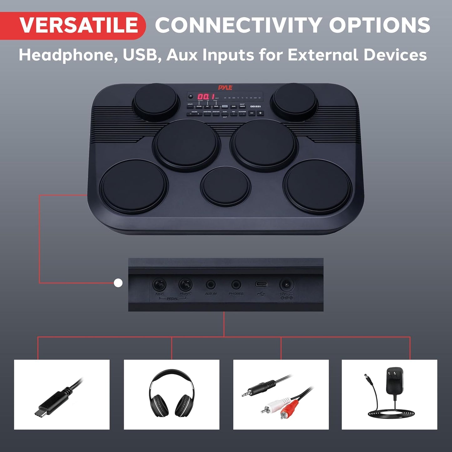 PylePro Pyle Electronic Tabletop Digital Set, Compact Portable Kit w/ 7 Touch Sensitive Pads and Pedals, 273 Sounds, USB & Headphone Outputs, MIDI/AUX Inputs, 4x5” Drums & 3x3.5” Cymbals (PTED03)