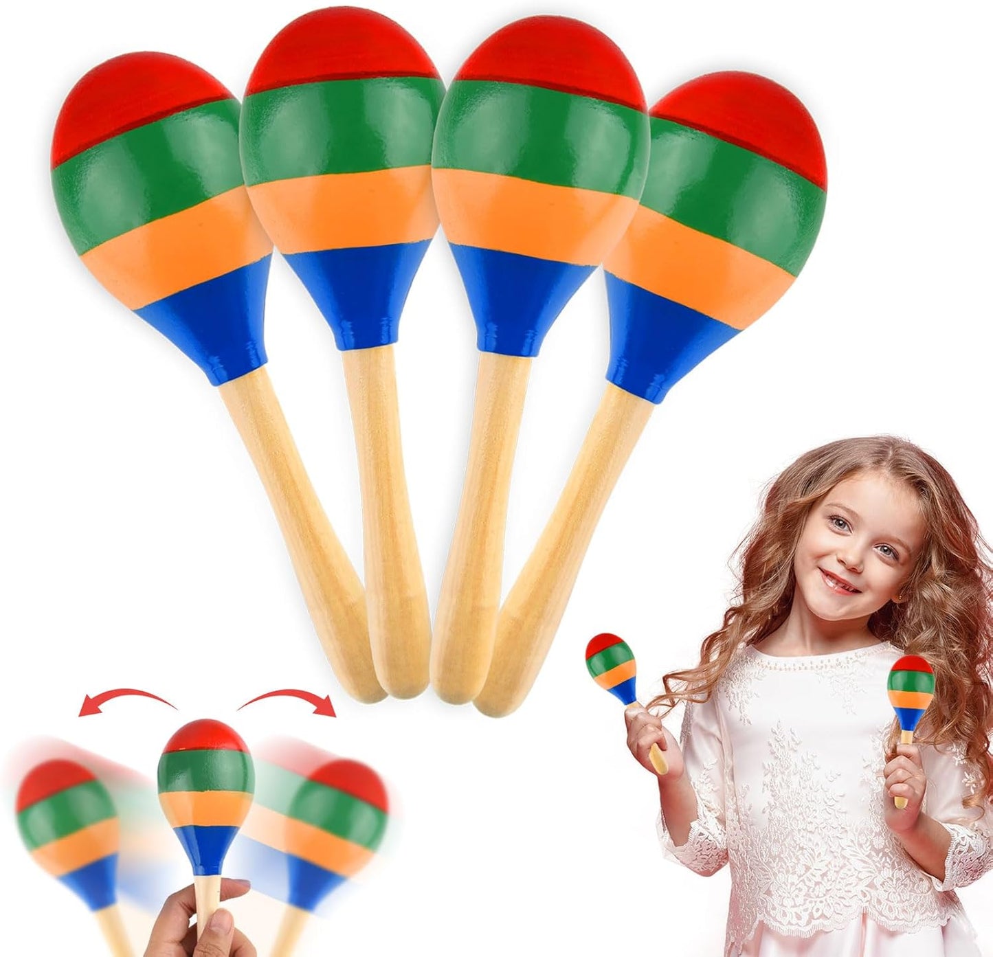 2 Pcs Maracas Hand Percussion Rattles, PLULON Colorful Wooden Maracas Rumba Shakers Rattle Latin Musical Instrument for Kids Adults Game Playing, Mexican Fiesta Cinco De Mayo Party Favors Supplies