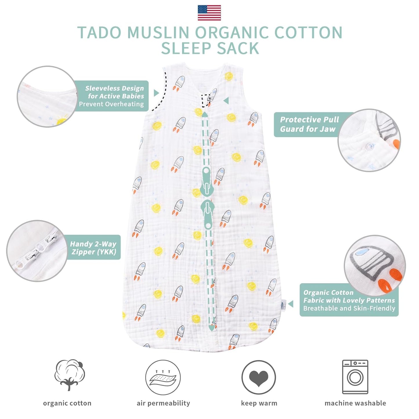 Toddler Sleep Sack for 2-4T Baby, Organic Cotton Wearable Blanket for Boys and Girls 0.5 TOG 2-Way Zipper Sleeping Sacks Soft 4 Layers X-Large Rocket