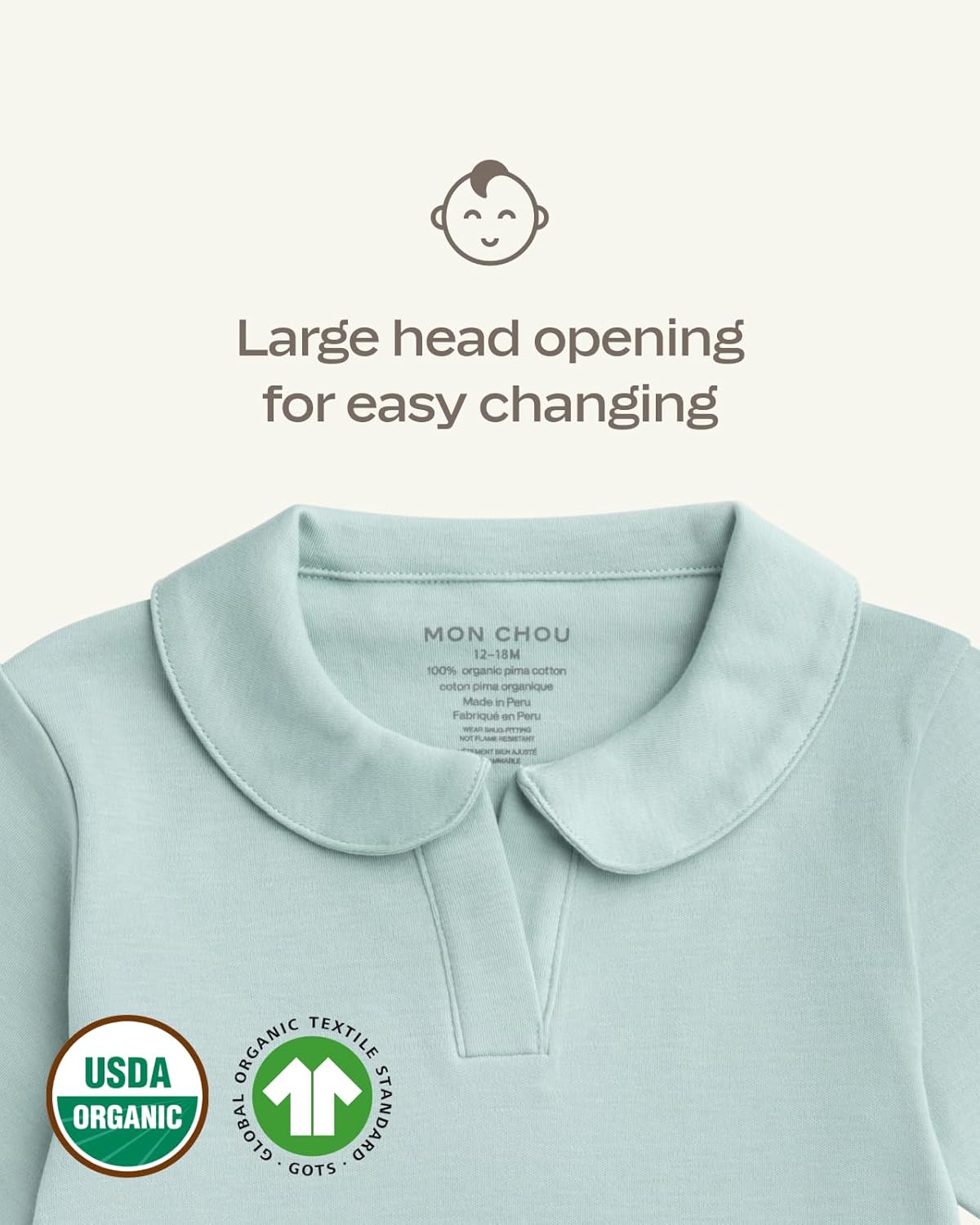 MON CHOU Premium Long Sleeve Bodysuit - Luxuriously Soft, 100% Pima Cotton Baby Bodysuit with Collar - Organic Cotton Baby Clothes (Ivory, 12-18 Months)