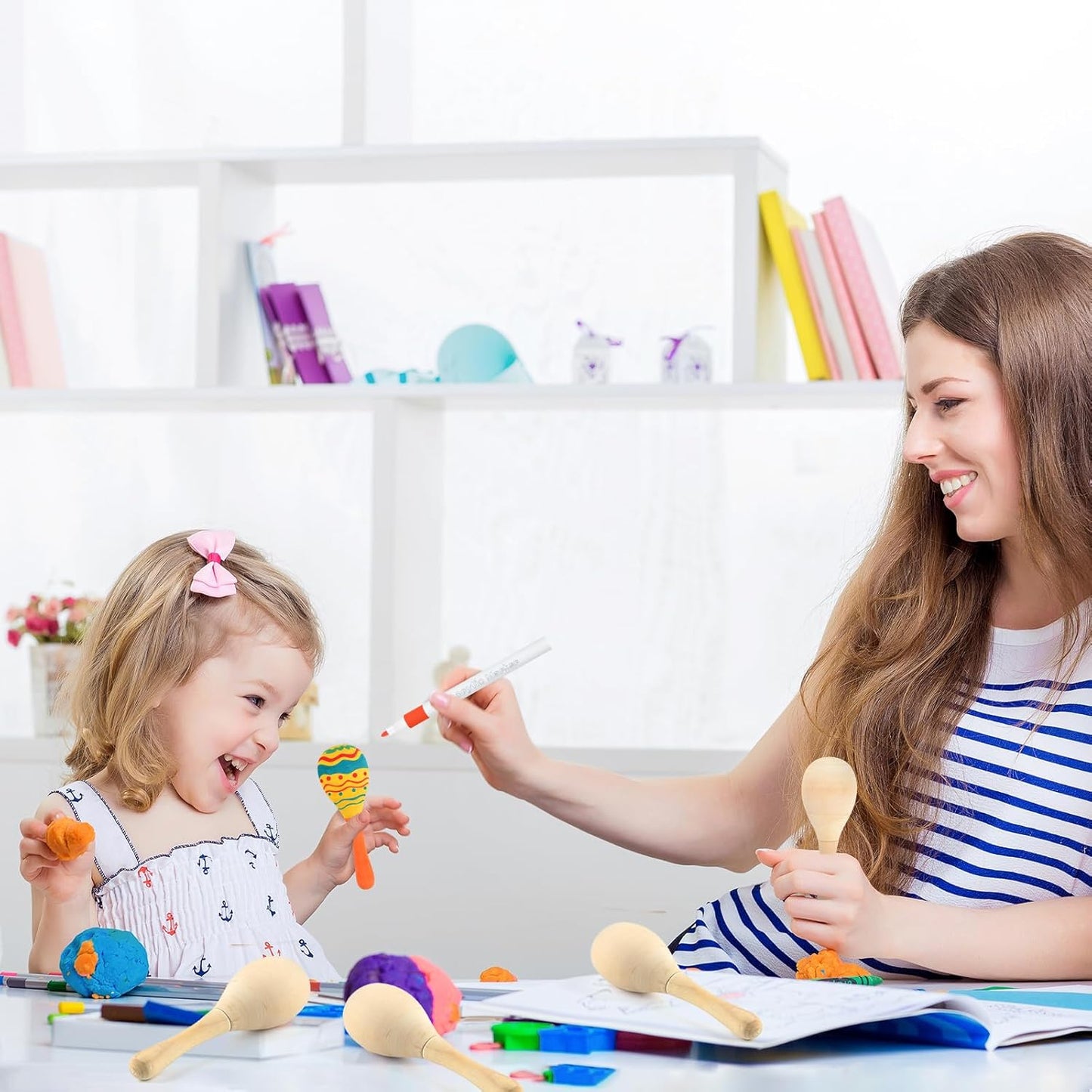 NEBURORA 12Pcs DIY Mini Unfinished Wooden Maracas with 12Pcs Multicolor Pens Fiesta Mexican Maracas Favors Cinco De Mayo Party Supplies Decorations