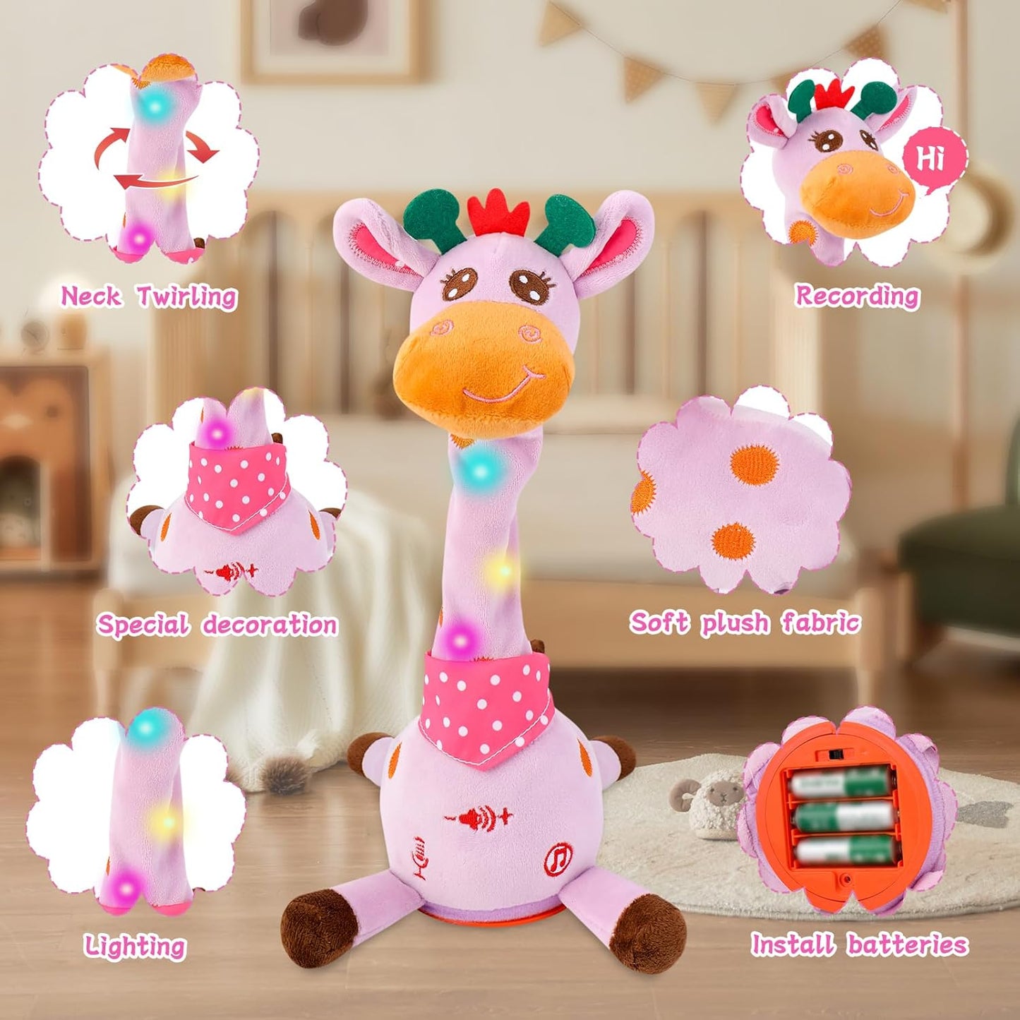Dancing Giraffe Toy, Stuffed Animal Toy Repeating What You Say, Glowing Musical Electronic Talking Giraffe Gifts