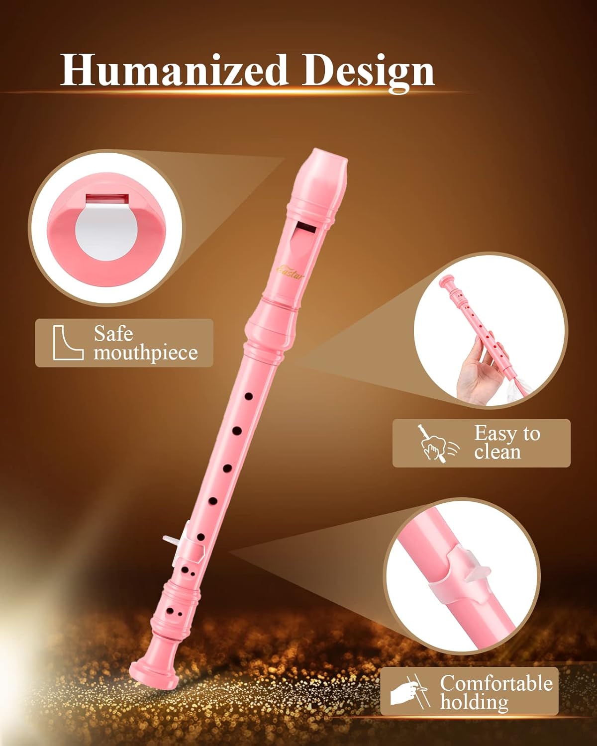 Eastar Soprano Recorder Instrument for Kids Beginners, German Fingering C Key with Cleaning Kit, Thumb Rest, Cotton Bag, Fingering Chart, ERS-21GP, Pink, School-Approved