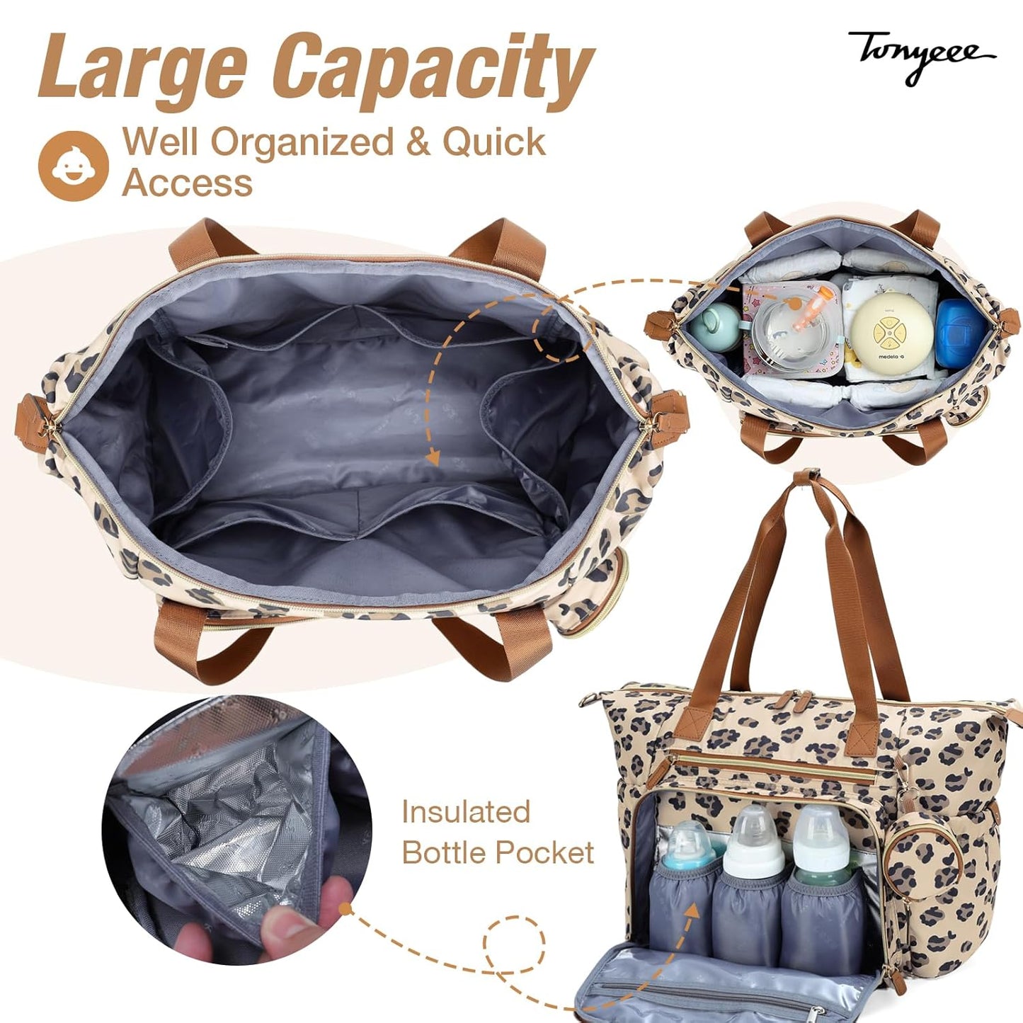 Diaper Bag Tote, Large Baby Diaper Bags for Travel, Hospital Bag for Labor Delivery with Pacifier Case, Changing Pad, Shoulder Strap, Leopard Print