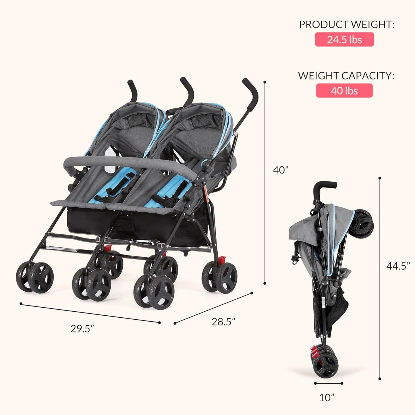 Dream On Me Volgo Twin Umbrella Stroller in Blue, Lightweight Double Stroller for Infant & Toddler, Compact Easy Fold, Large Storage Basket, Large and Adjustable Canopy