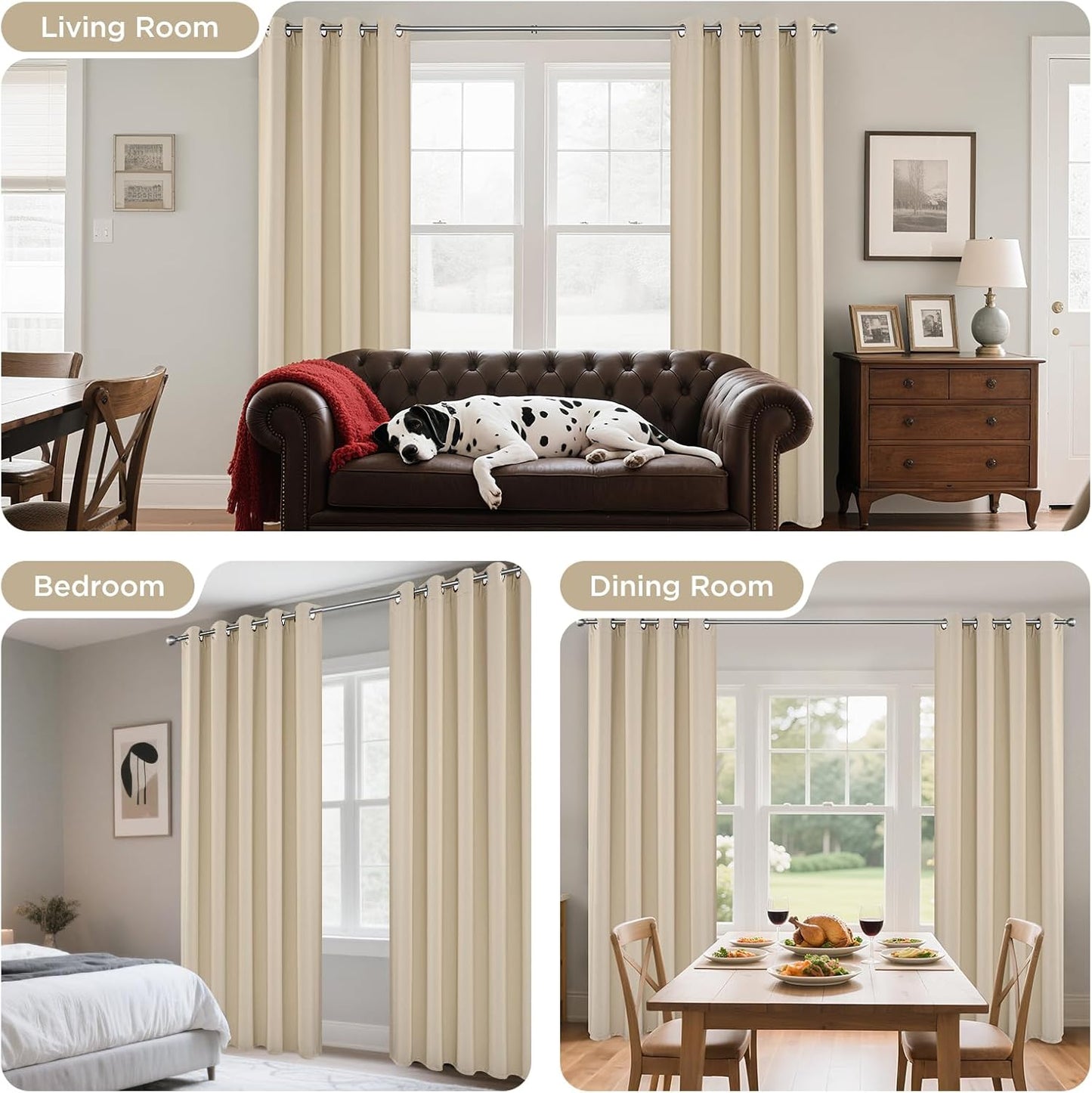 Joydeco Blackout Curtains 90 Inches Long 1 Panel, Thermal Insulated Long Curtains& Drapes 1 Piece, Room Darkening Grommet Drapes for Living Room Bedroom Window (W70 x L90 Inch, Light Beige)
