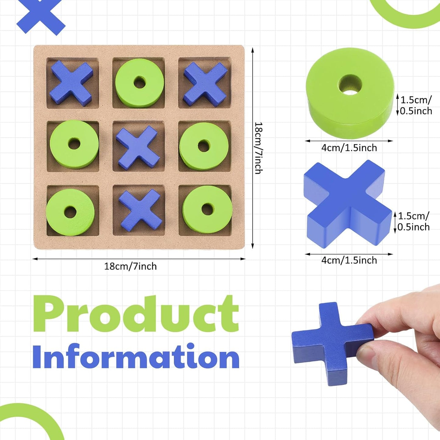 Wooden Tic Tac Toe Game Tic Tac Toe Board Game 7 Inch Wood Board Table Top Living Room Decor Fun Family for Family Night Indoor Outdoor Party Adults Classic Travel(Blue Green)