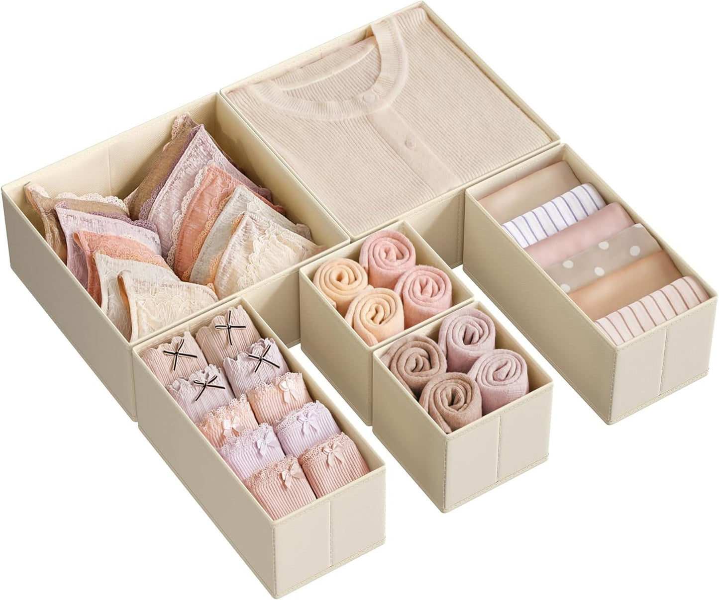 SONGMICS Drawer Organizer, Dresser Drawer Organizers, Set of 6, Foldable Fabric Storage Bins for Socks, Underwear, Bras, Ties, Scarves, Surmmer Sand URDZ006Y01