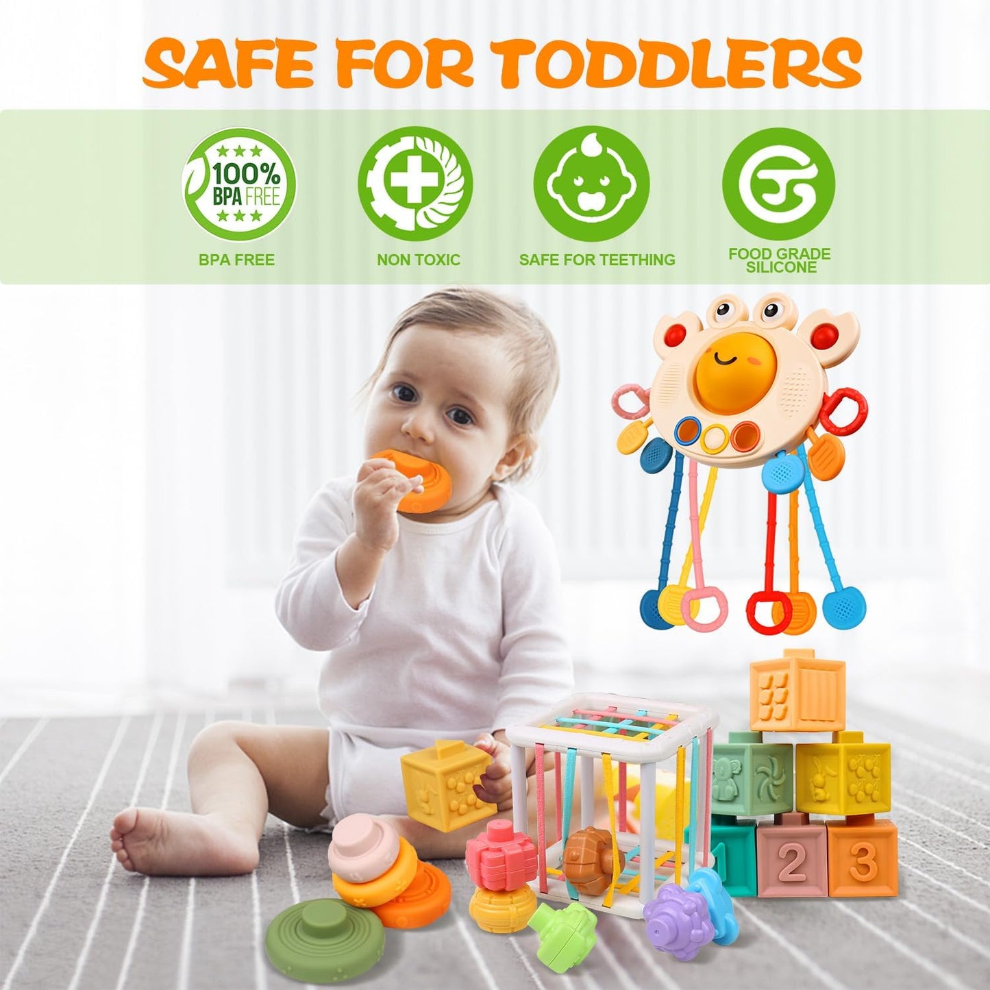 Montessori Toys for Babies 6-12 Months, 4 in 1 Soft Baby Teething Toys, Stacking Building Blocks & Rings for Infants, Sensory Bin Toy