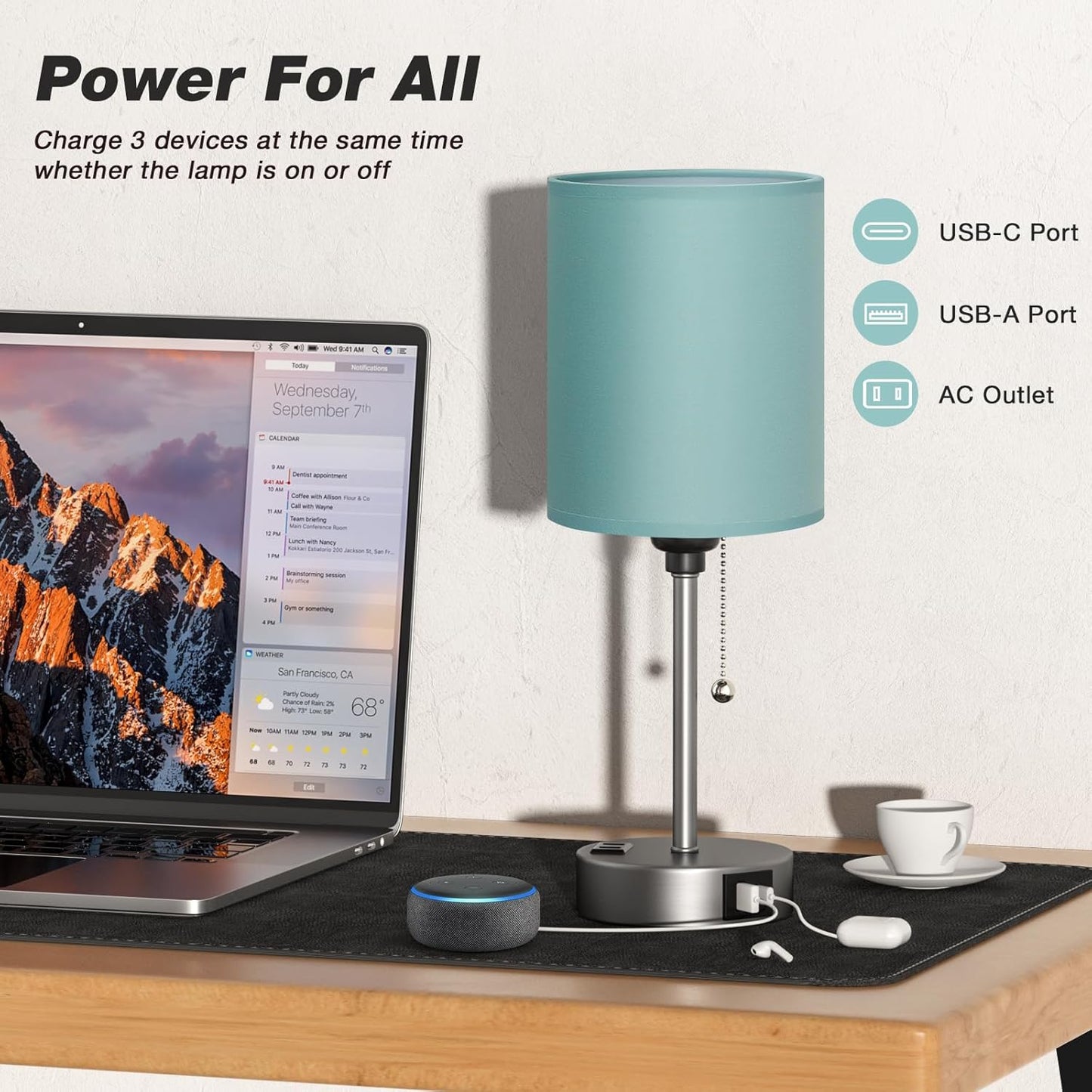 Teal Bedside Lamp for Nightstand - 3 Color Temperature Table Lamp with USB C and A Ports, Pull Chain Lamp for Bedroom with AC Outlet, Coastal Desk Lamp with Silver Metal Base for Kids Girls