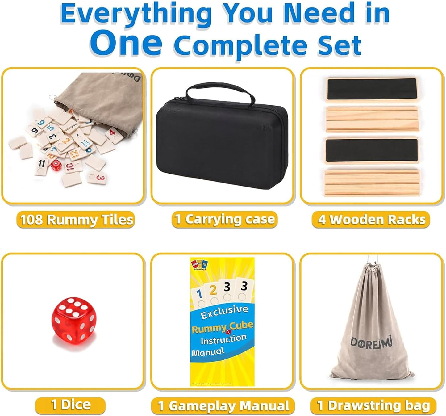 Upgraded Rummy Cube Game Set 4 Players with 4 Wooden Holders and 108 Rummy Melamine Tiles, Travel Family Board Game for Adults and Kids