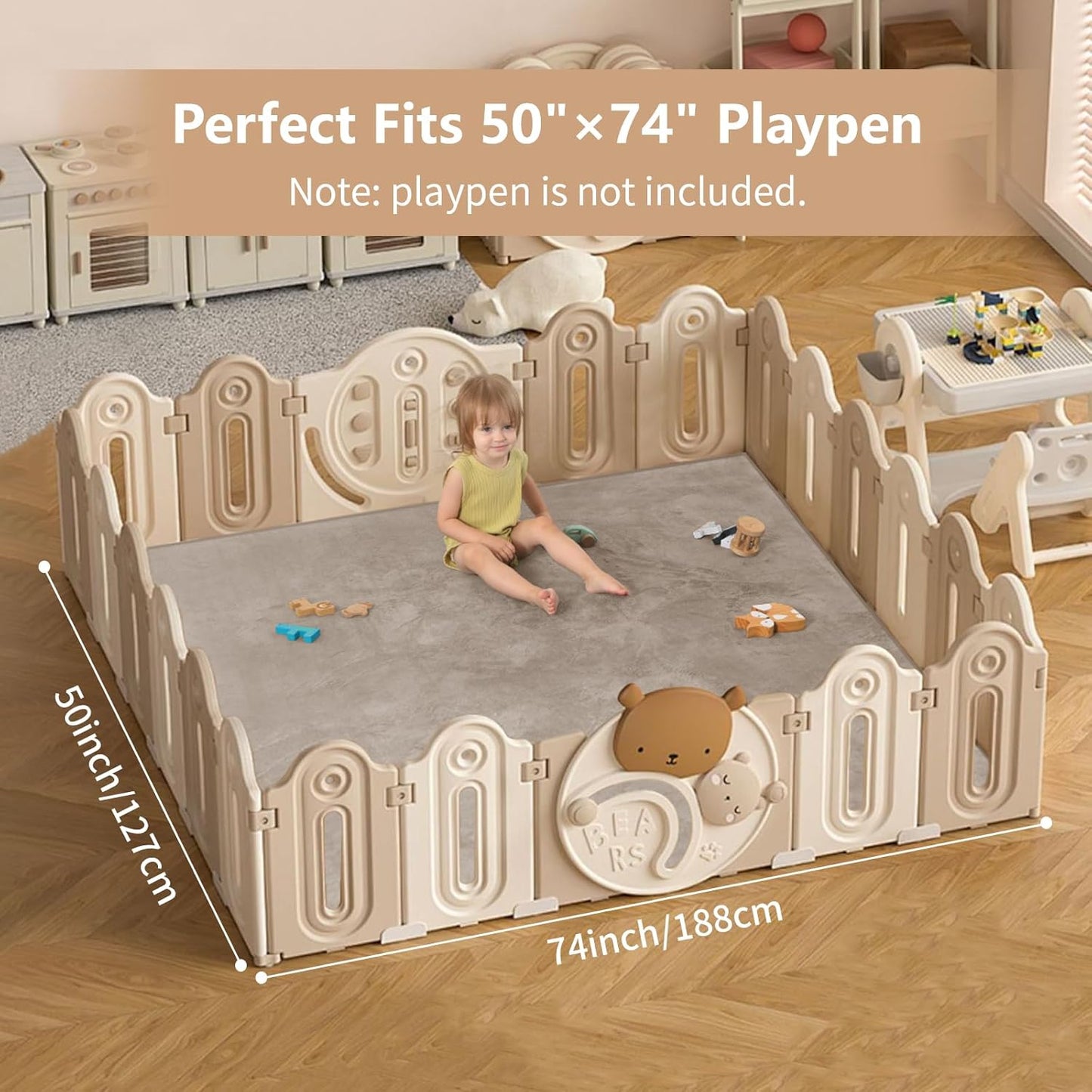 Baby Play Mat for Floor,1.3" Thick Elasti-Foam 50"×74" Playpen Mat for Tummy Time,Water Repellent Soft Coral Velvet for Toddler,Infant,Kids,Non-Slip Backing Safe for Crawling(Beige)