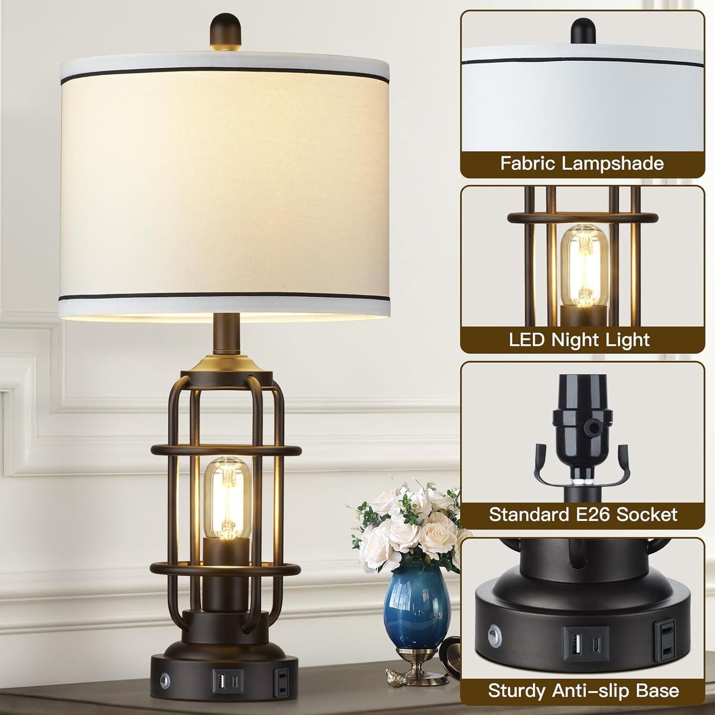 26" Modern Lamp for Living Room, Industrial 3-Way Dimmable Beside Table Lamp with USB A+C Charging Ports & AC Outlet, Touch Control Beside Lamp LED Night Light for Bedroom Single(2 Bulbs Included)