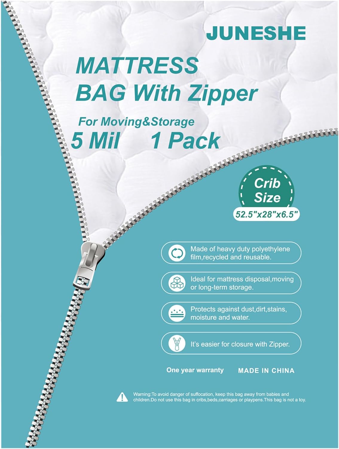 Crib Mattress Storage Bag with Zipper -5 Mil Plastic Waterproof Crib Mattress Bag for Moving and Storage