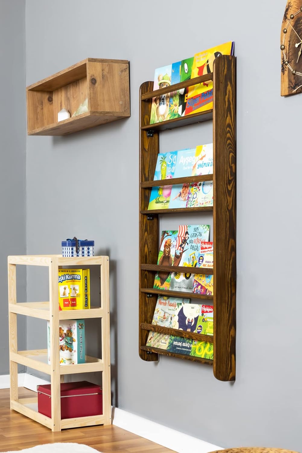 Handmade Solidwood Wall Mounted Montessori Kids Bookshelf, 4 Tier Book Display for Children Bedroom, Nursery Furniture Bookcase, Wood Pine Tree Book Organiser for Living Room (Walnut)