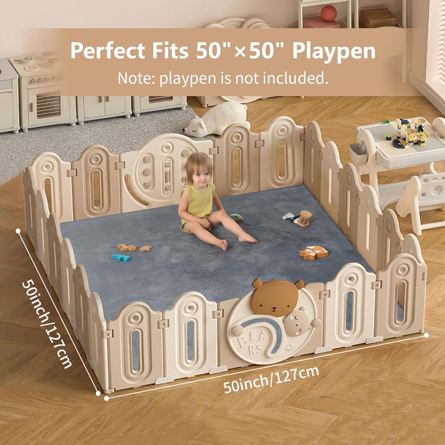 Baby Play Mat for Floor,1.3" Thick Elasti-Foam 50"×50" Playpen Mat for Tummy Time,Water Repellent Soft Coral Velvet for Toddler,Infant,Kids,Non-Slip Backing Safe for Crawling(Dark Grey)