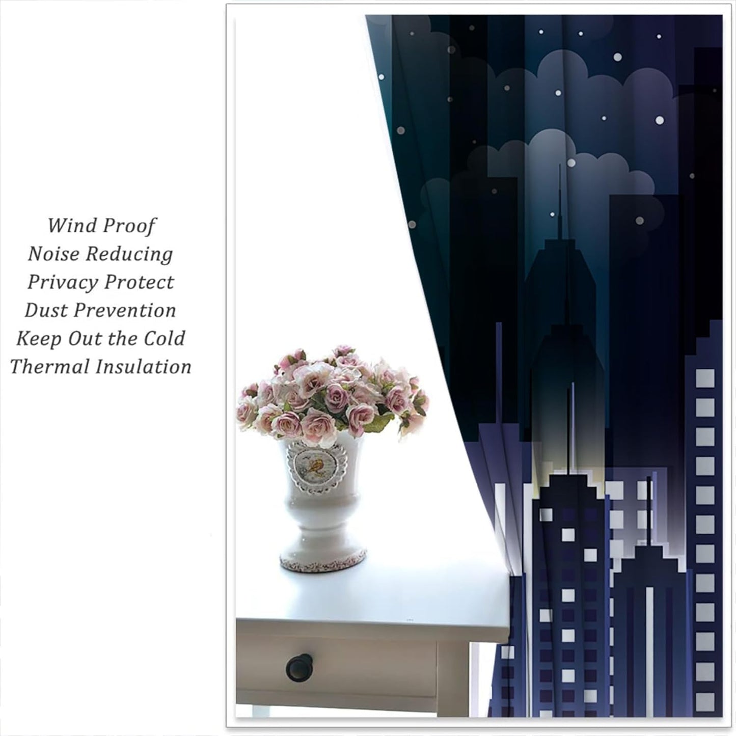 Superhero Rod Pocket Blackout Curtains for Boy Girl Bedroom, Violet Night Sky Buildings Cityscape Home Energy Efficient Light Filtering Window Curtain for Living Room,63x63 inch