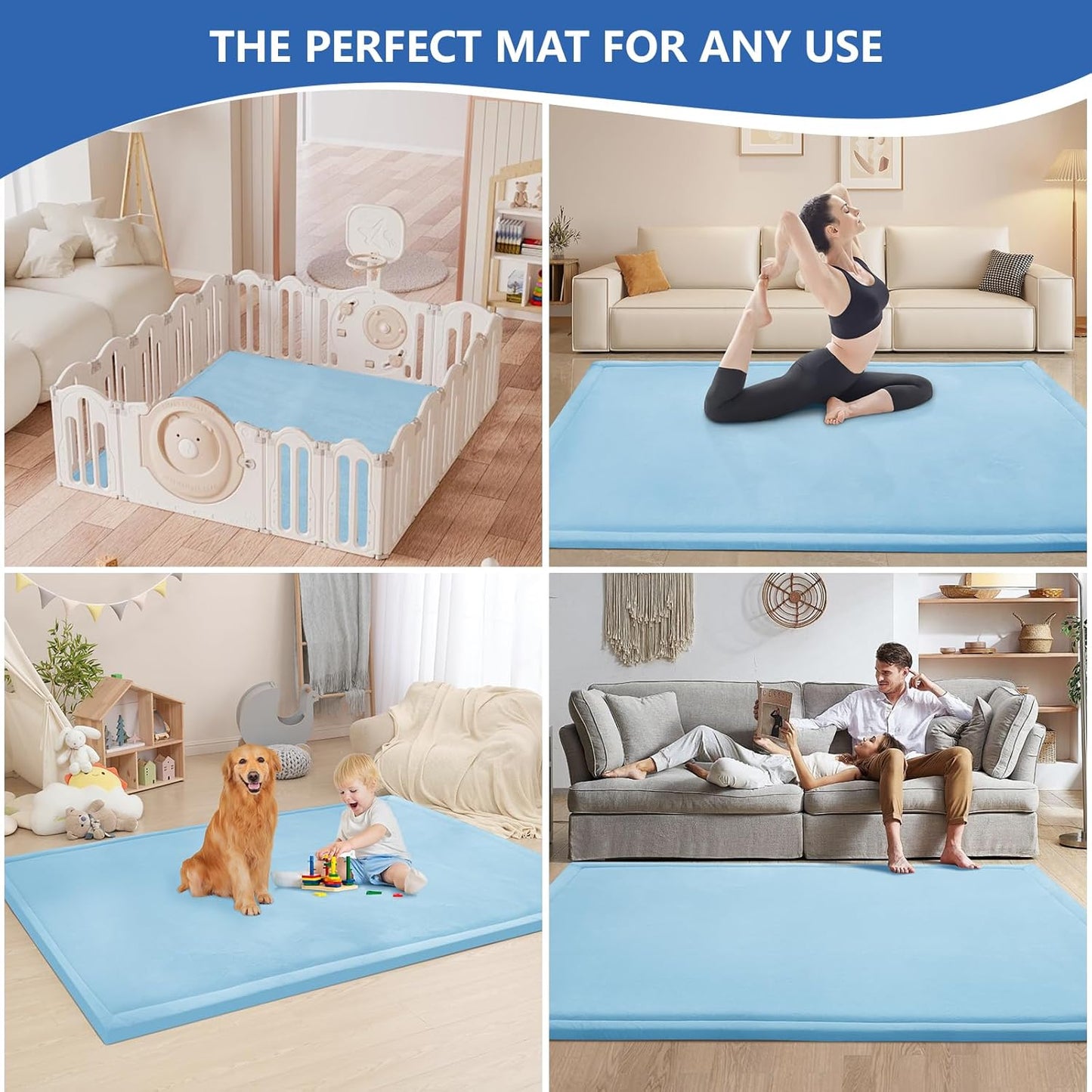 Baby Play Mat for Floor,1.3" Thick Memory foam Tummy Time Mat,Soft Coral Velvet Nursery Rug for Toddlers,Infants,kids,Extra Large Non Slip for Crawling,Tatami Style(Light Blue)