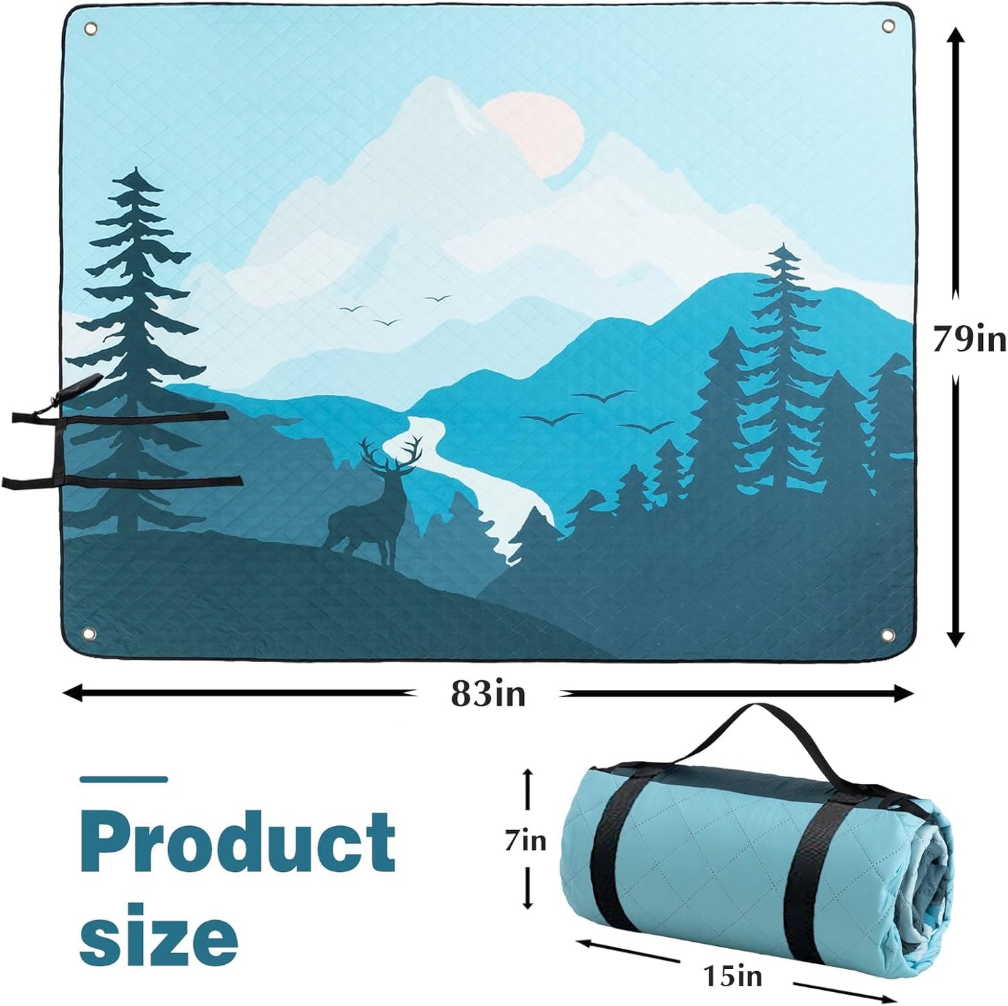 PY SUPER MODE Extra Large Waterproof Picnic Blankets 83x79 Inches - 5 Layer Outdoor Picnic Mat for Beach Camping Park Lawn, Windproof Anchor System with Stakes, Foldable Blue&Brown