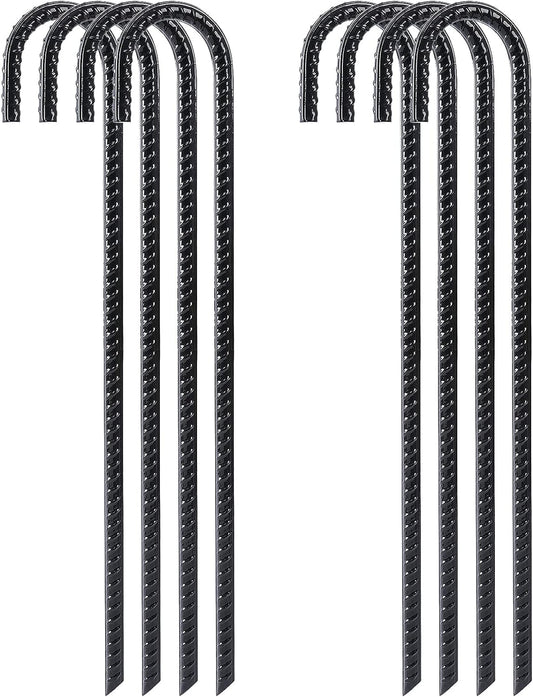 FEED GARDEN 16 Inch 8 Pack Rebar Stakes Heavy Duty J Hook, Galvanized Steel Ground Stakes Tent Stakes Ground Anchors, Chain Link Fence Stakes, Trampoline Stakes, Black