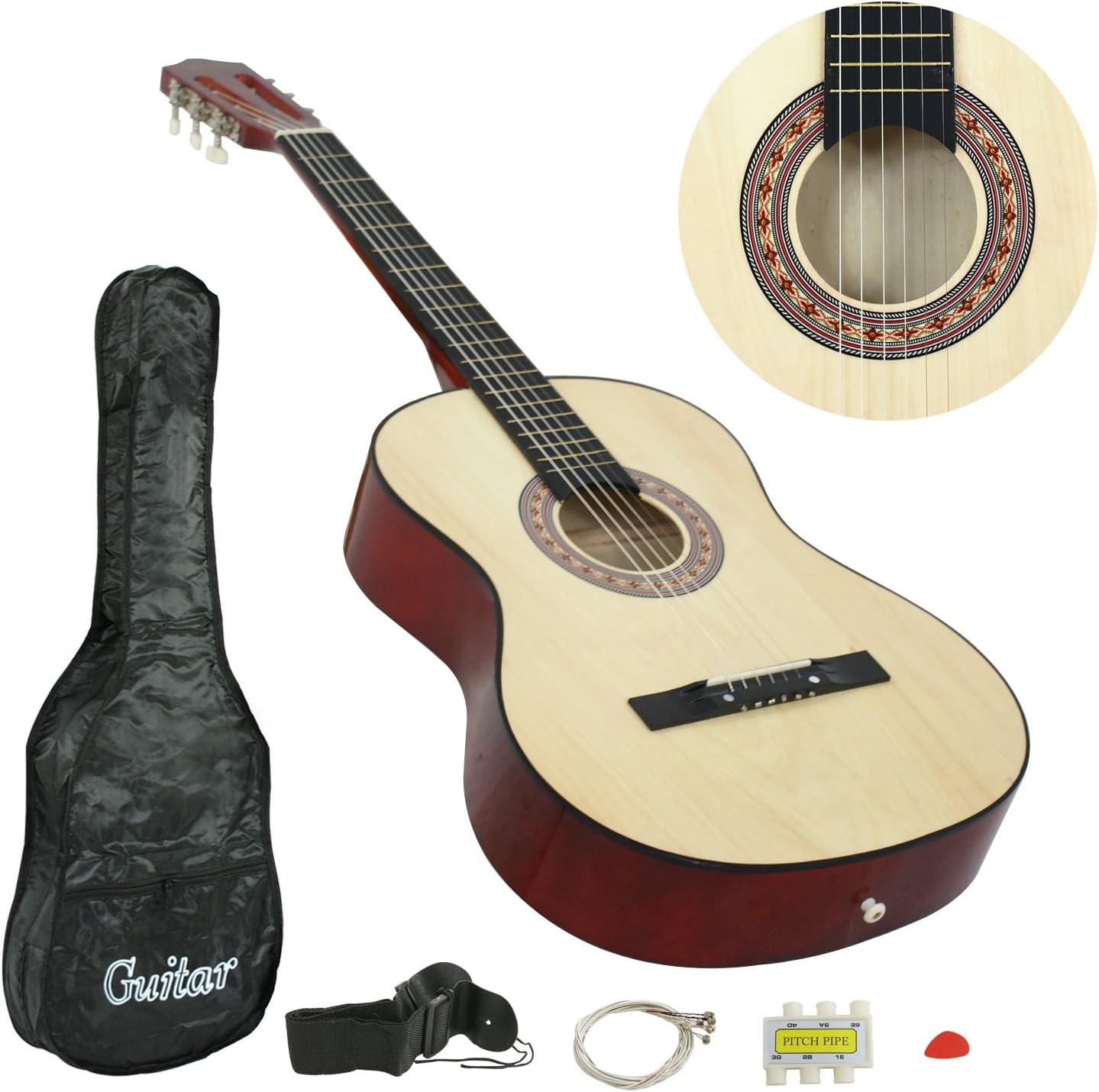 ZENY 38" New Beginners Acoustic Guitar With Guitar Case, Strap, Tuner and Pick (Natural)