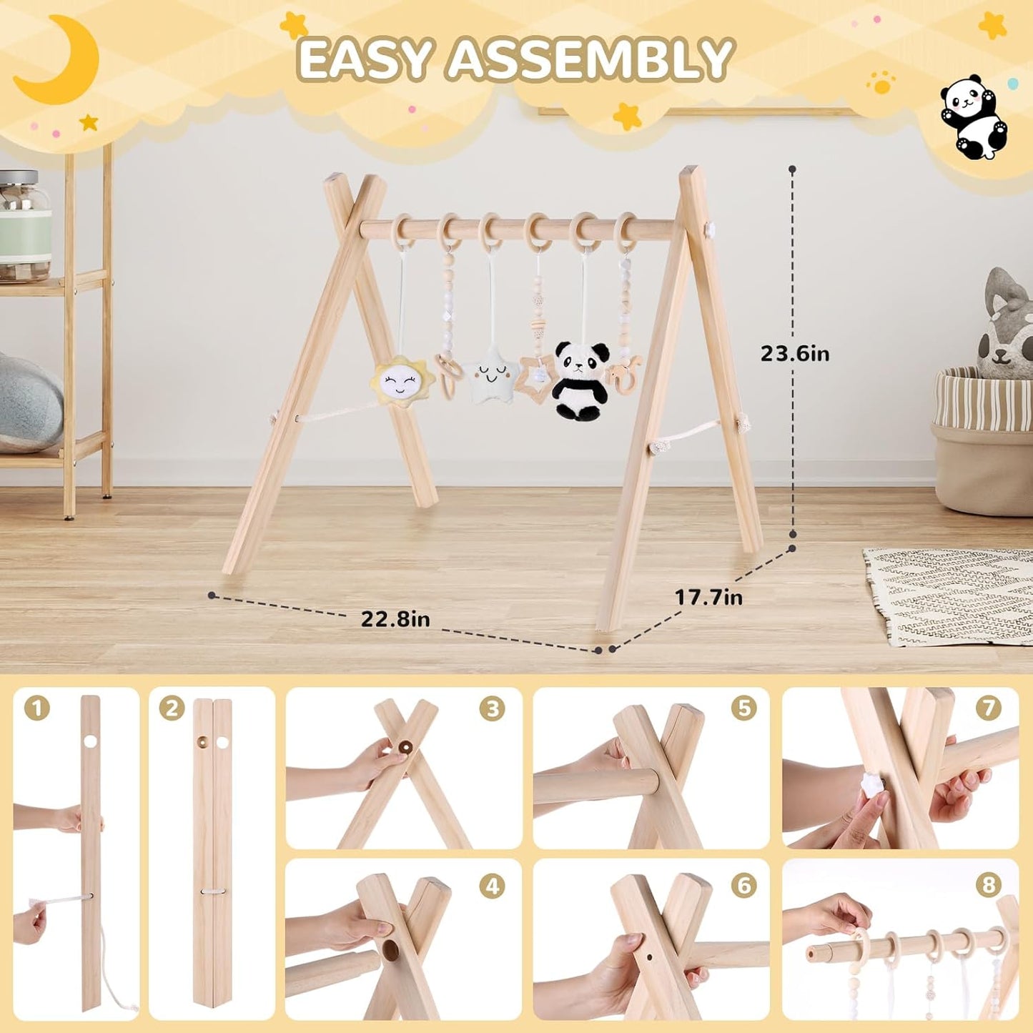 Wooden Play Gym with Mat, Foldable Baby Activity Gyms for Infants Newborn Baby Girl and Boy, Tummy Time Baby Infant Toys 0-6 6-12 Months (Gray)